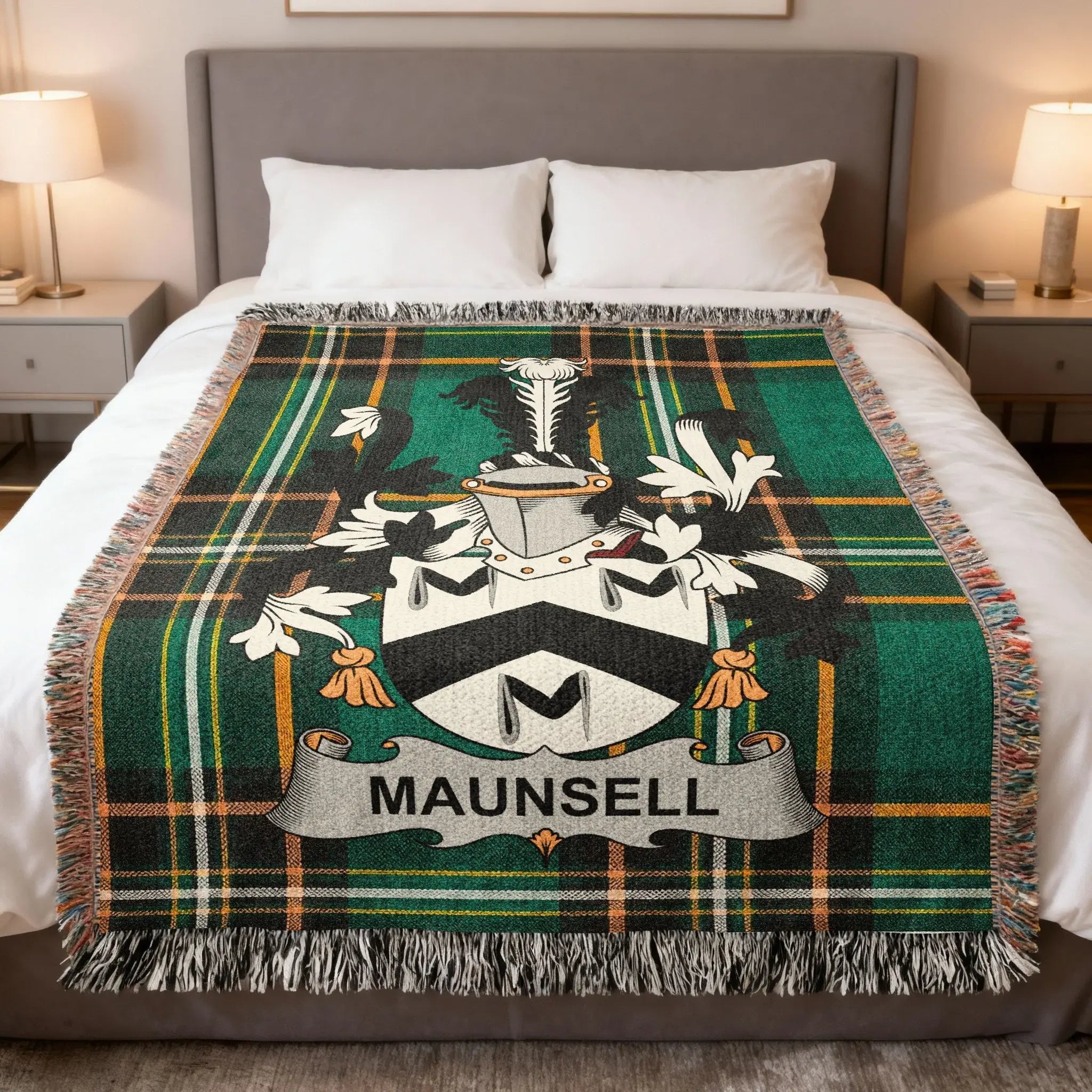 Maunsell family woven blanket with a family crest on Irish tartan, celebrating Maunsell Limerick Munster heritage