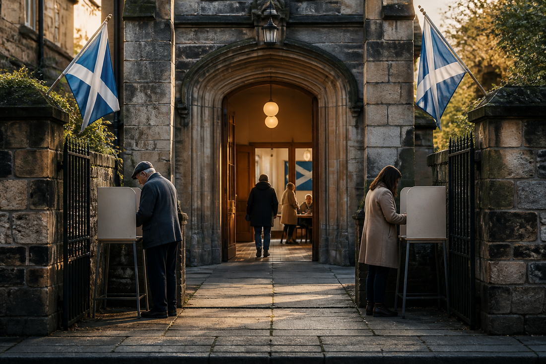 A Scottish polling place with saltire flags, marking the 2014 independence referendum.