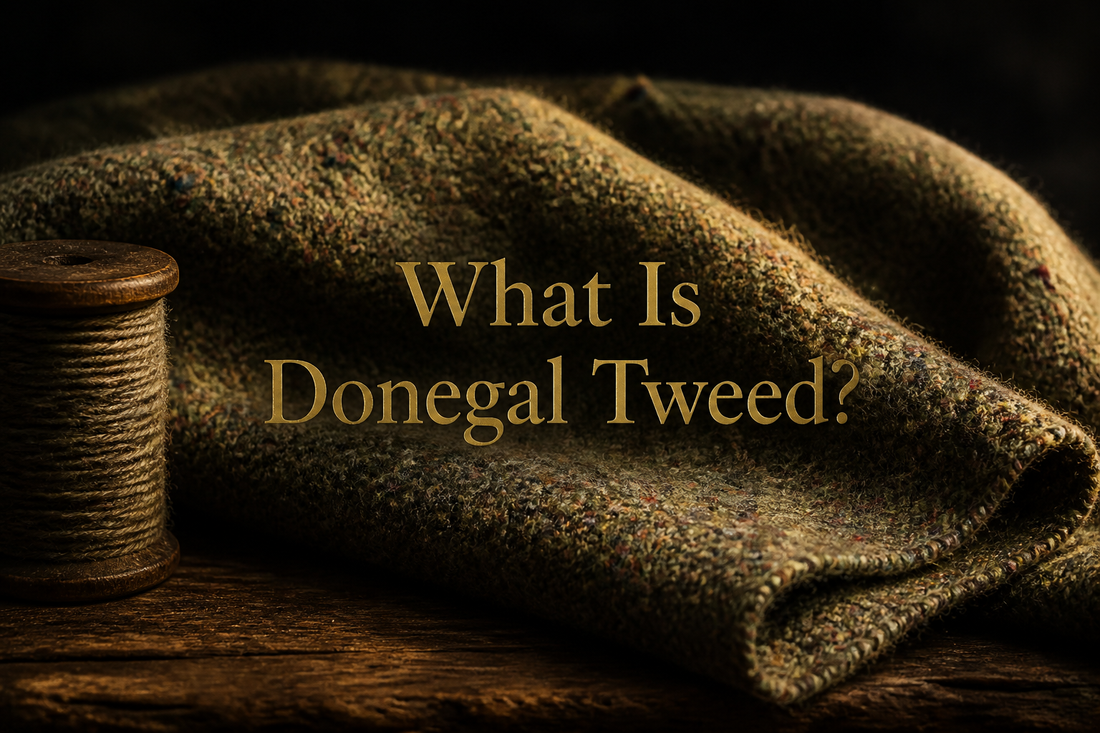 Flecked heathered Donegal tweed with a wooden yarn spool on aged oak, warm low light showing Ireland's speckled woven cloth