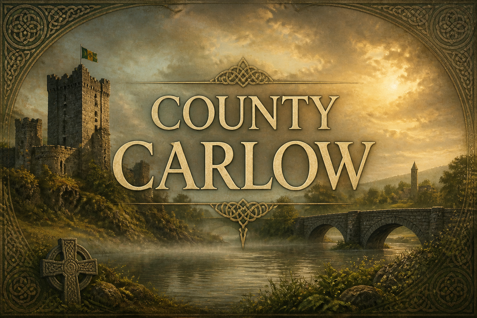 Medieval castle overlooking the River Barrow with stone bridge and Celtic cross in morning mist, County Carlow, Ireland — Celtic Ancestry Gifts