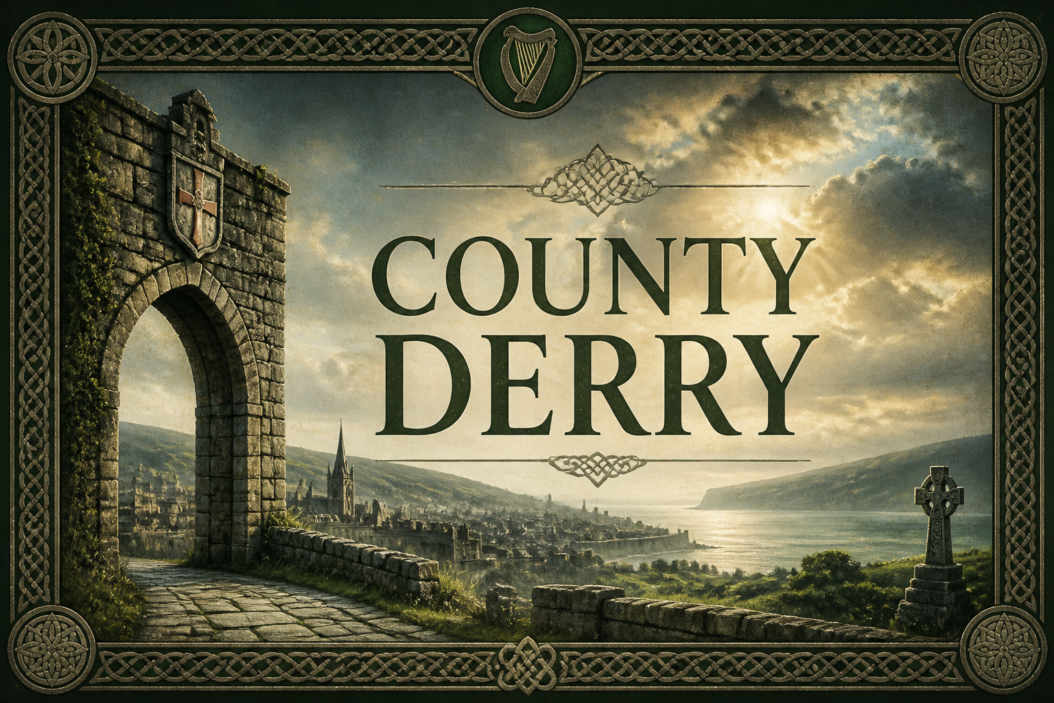 Ancient walled gate arch overlooking Derry city and the River Foyle with Celtic cross at dramatic sky, County Derry, Ireland — Celtic Ancestry Gifts