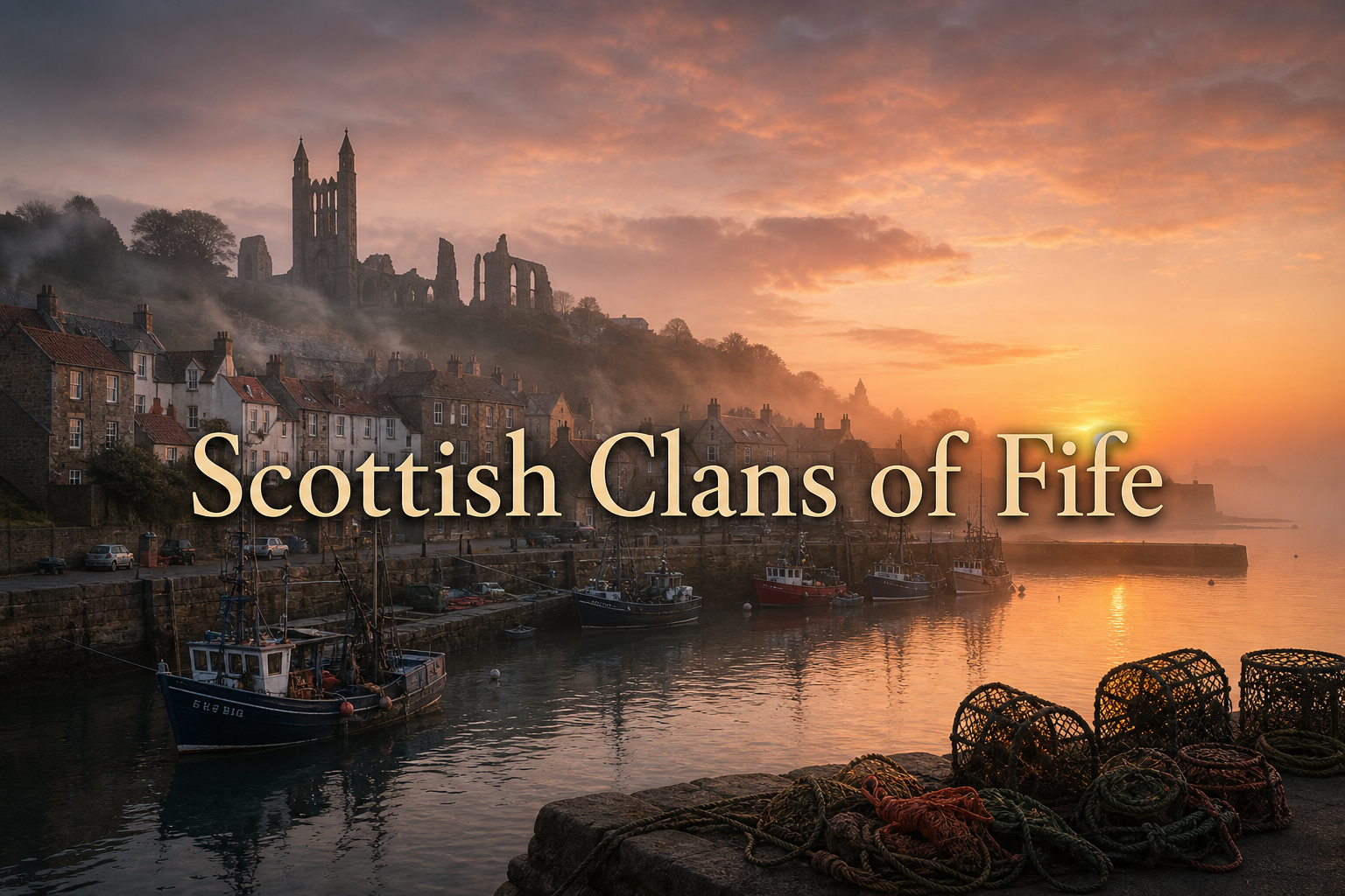 Fife clan and surname heritage scene with coastal villages, fishing harbors, abbey ruins, and eastern Scotland history