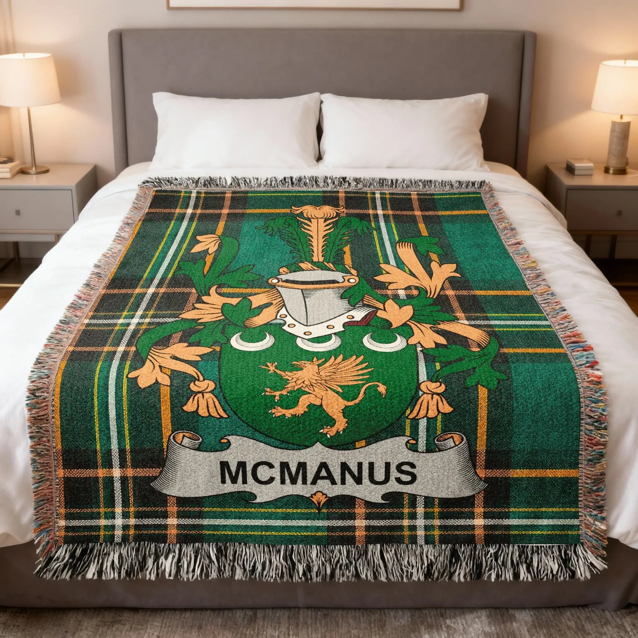 McManus surname Irish heritage woven blanket — celebrating the history, origins, and Gaelic roots of the McManus family of County Fermanagh