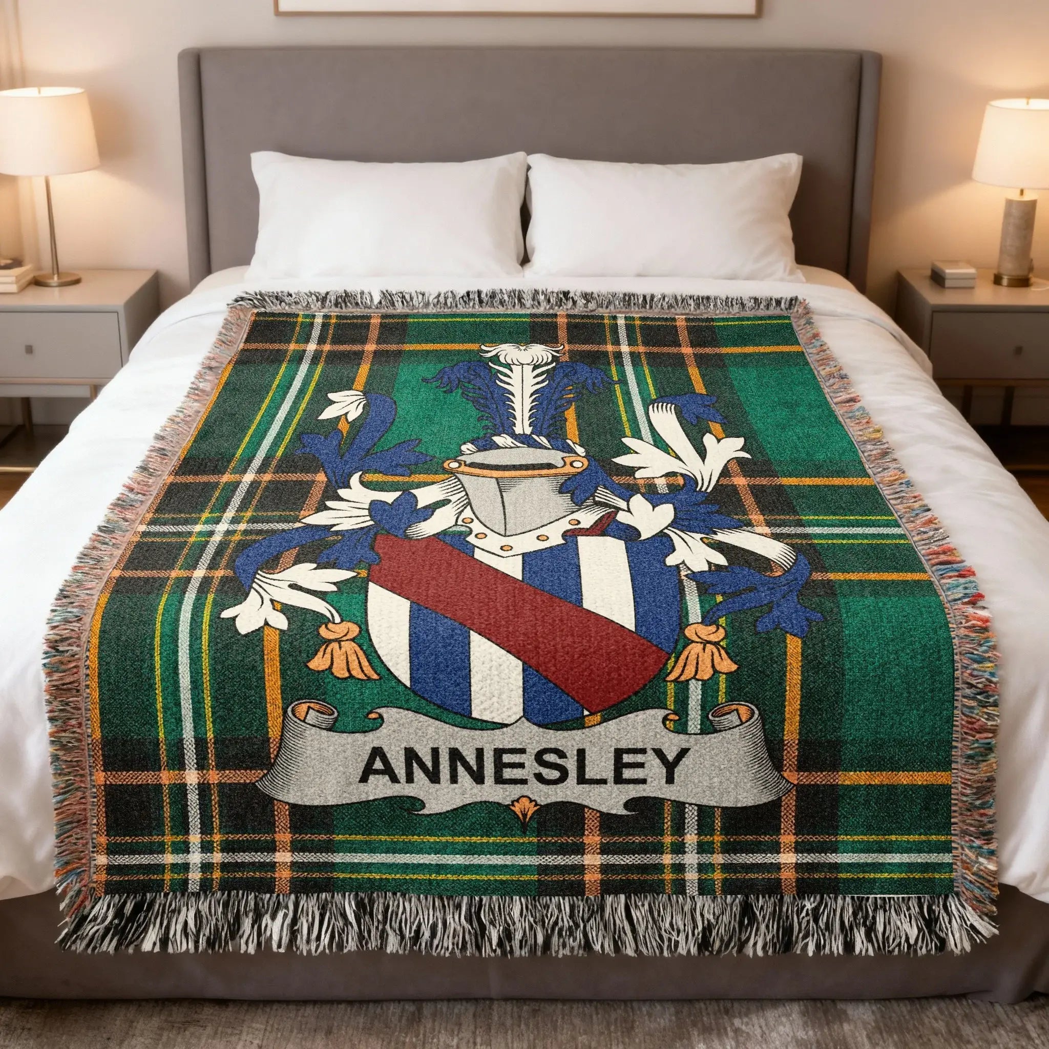Annesley family woven blanket with a family crest on Irish tartan, celebrating Annesley County Down heritage