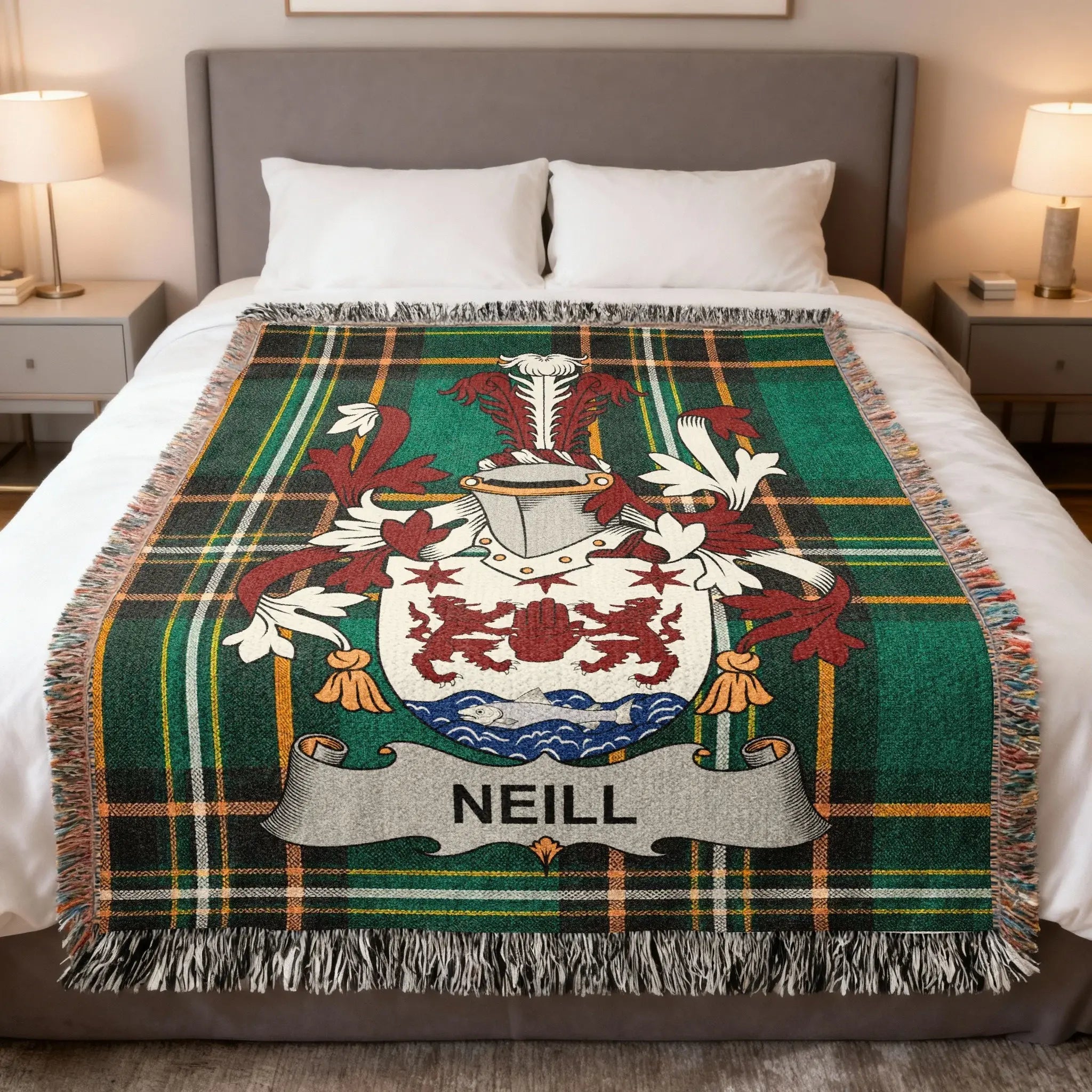 O'Neill Irish heritage woven blanket — celebrating the history, origins, and Ulster royal roots of the O'Neill surname, one of Ireland's greatest Gaelic dynasties