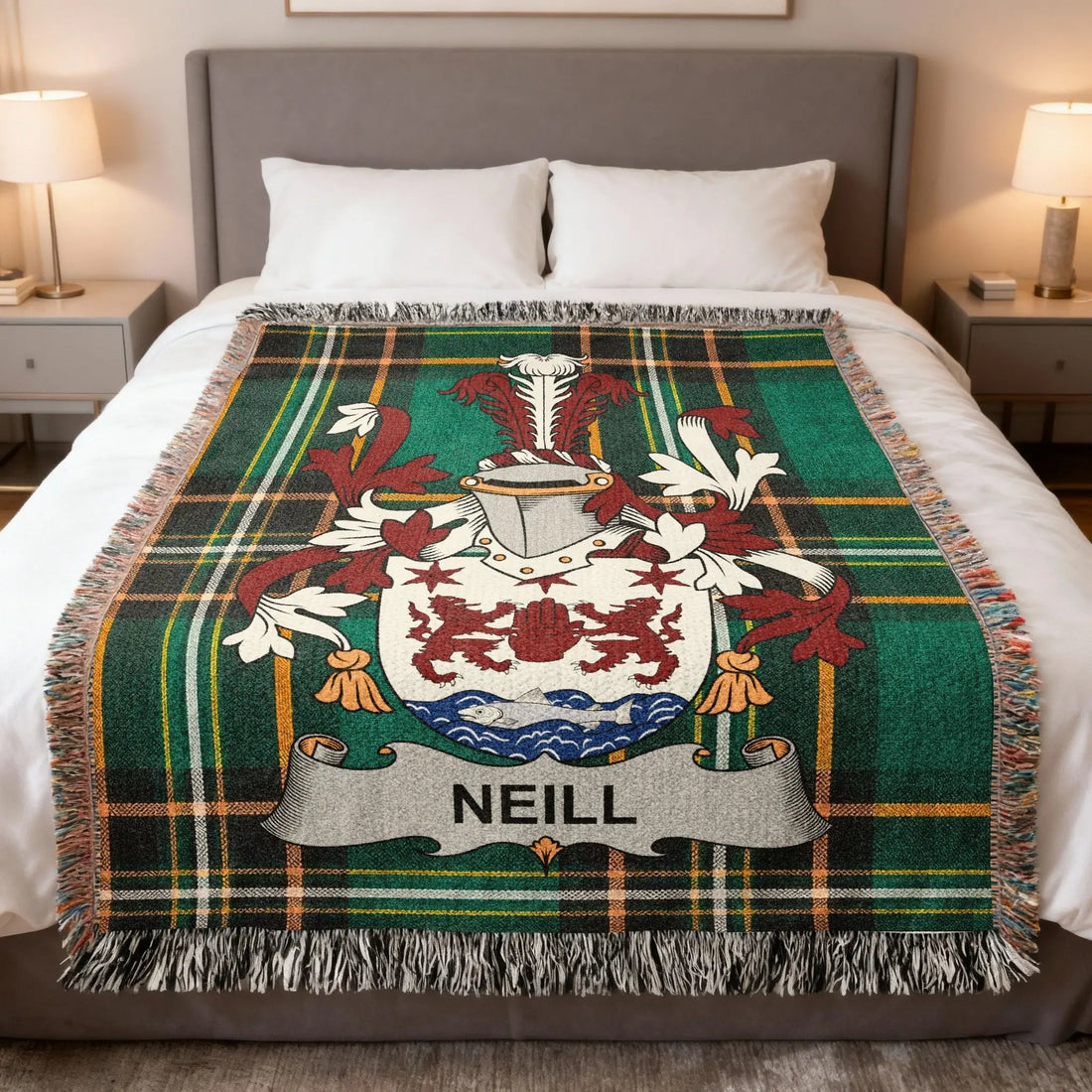 Irish family crest gifts complete guide - family crest woven blanket on tartan background, the heirloom centerpiece of Irish heritage gifting