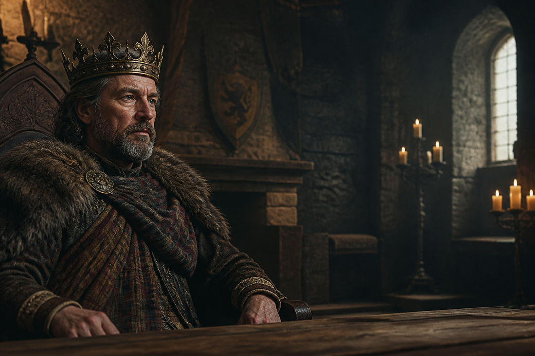 A brooding medieval Scottish king in a torchlit hall, representing the real King Macbeth, 1040.