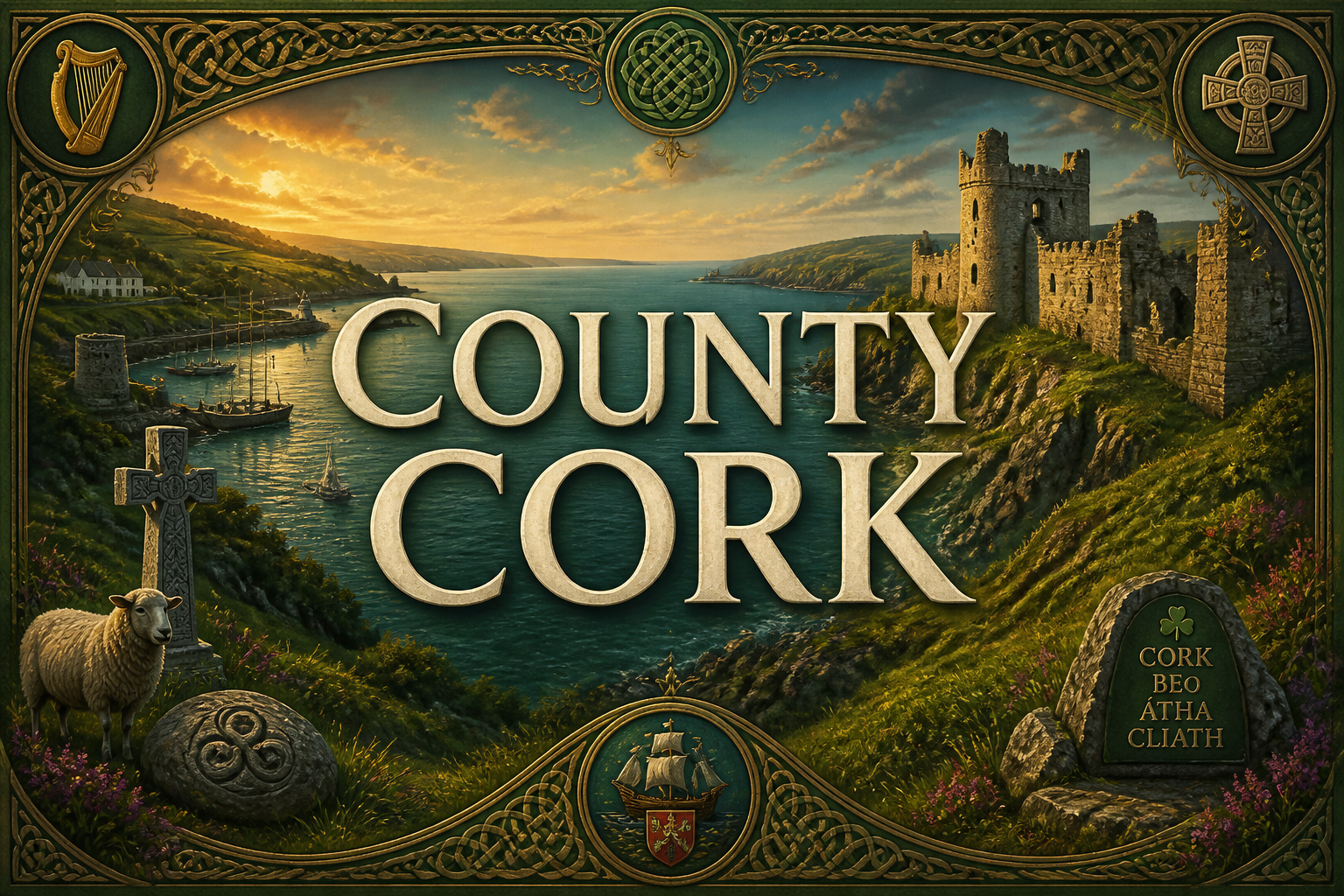 Cork harbour with castle on the headland, sailing vessels and Celtic cross on rolling green hills at sunset, County Cork, Ireland — Celtic Ancestry Gifts