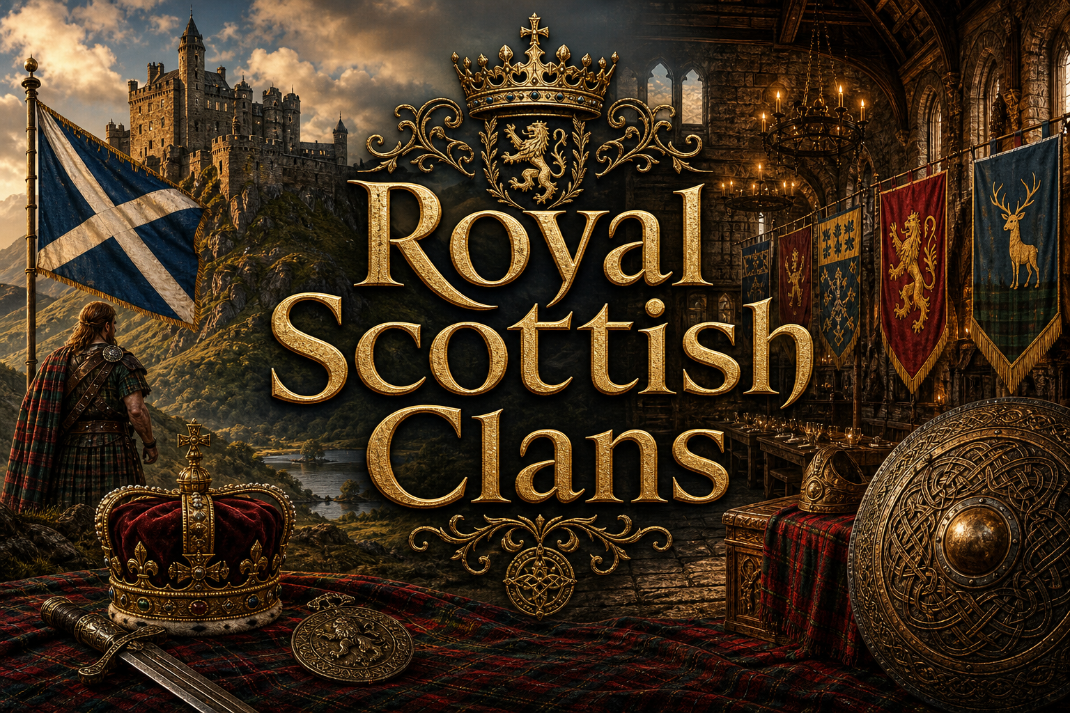 Royal Scottish clans represented by castles, crowns, banners, tartans, and families connected to Scotland’s royal history