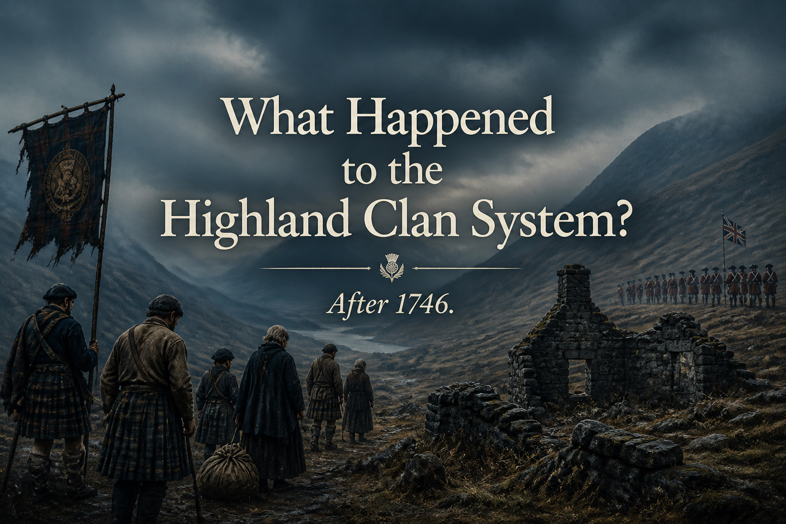 Highland clansmen in tartan carrying a clan banner walking toward a ruined cottage as British redcoat soldiers stand in formation on the opposite hillside — depicting the destruction of the Highland clan system after Culloden 1746