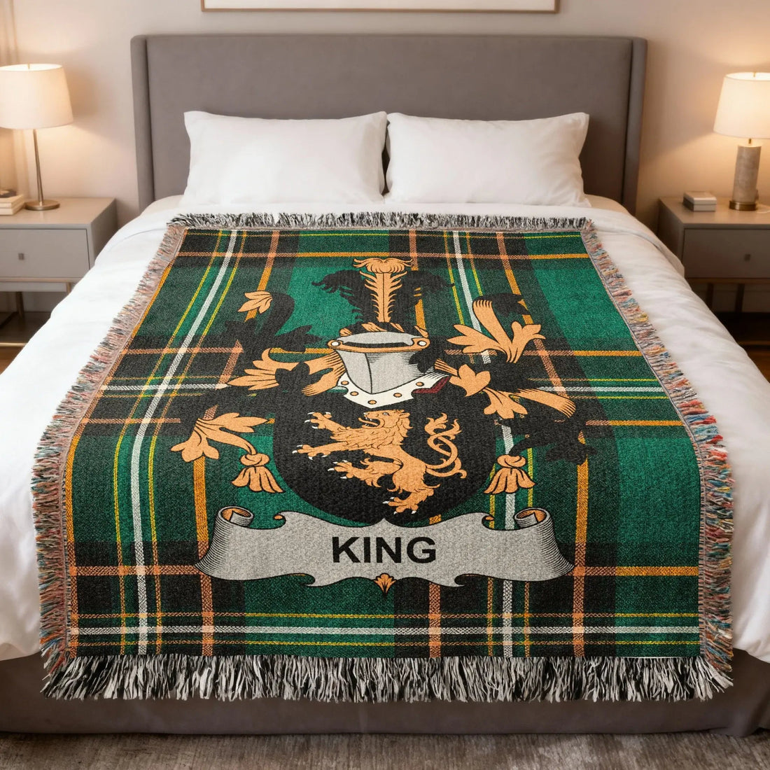King Irish family crest woven throw blanket in the Irish national tartan