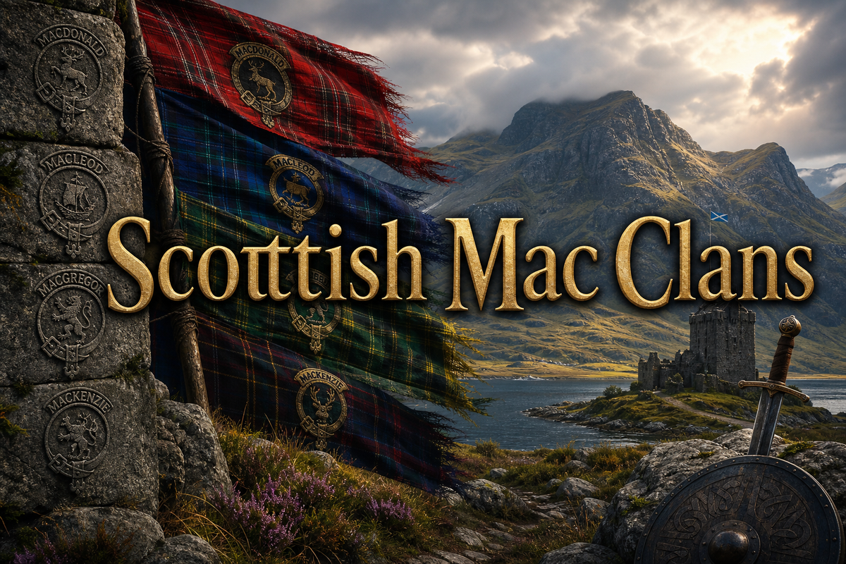 Scottish Mac clans heritage image with Highland mountains, tartans, carved clan symbols, and Mac surname history