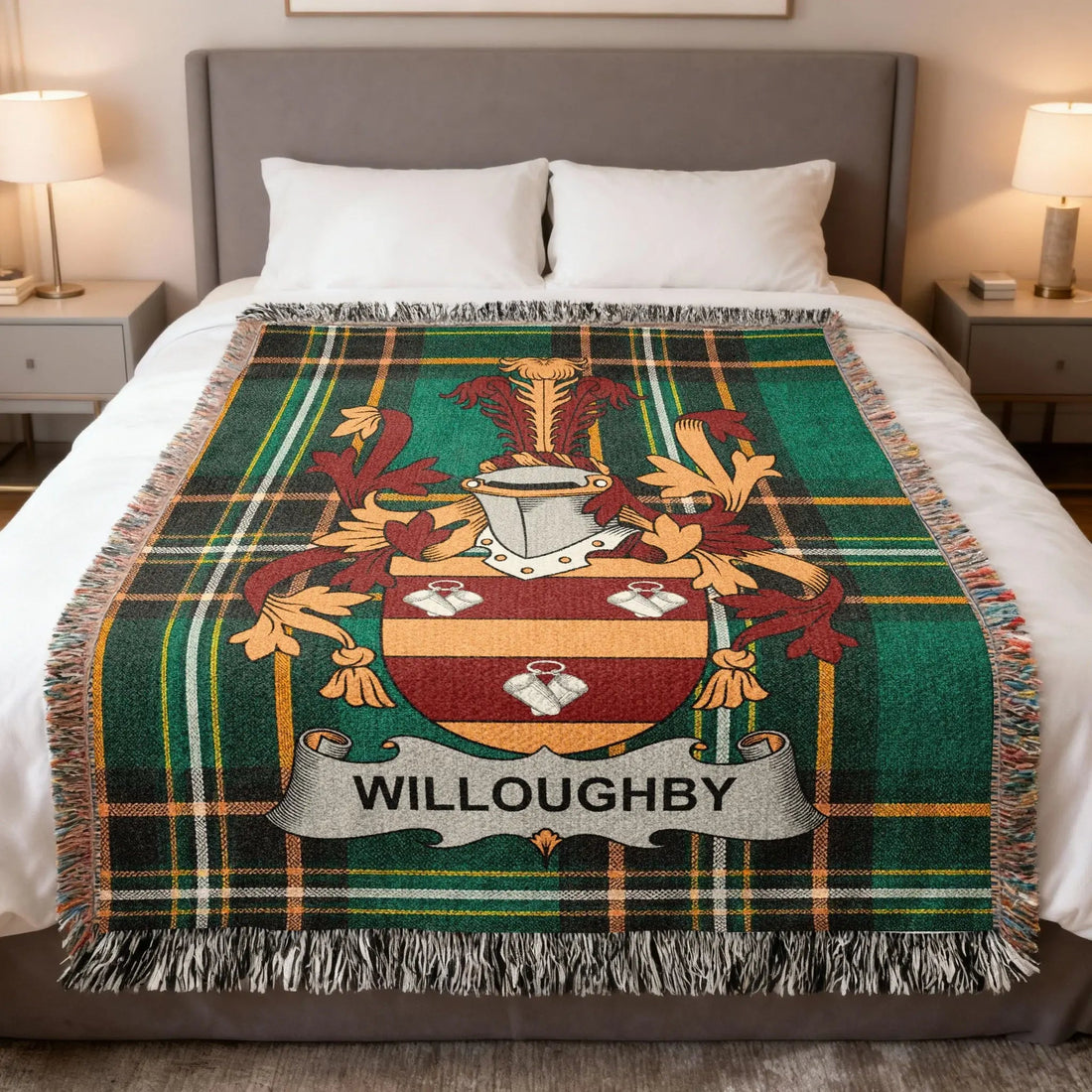 Willoughby Irish heritage woven blanket with family crest on Irish national tartan