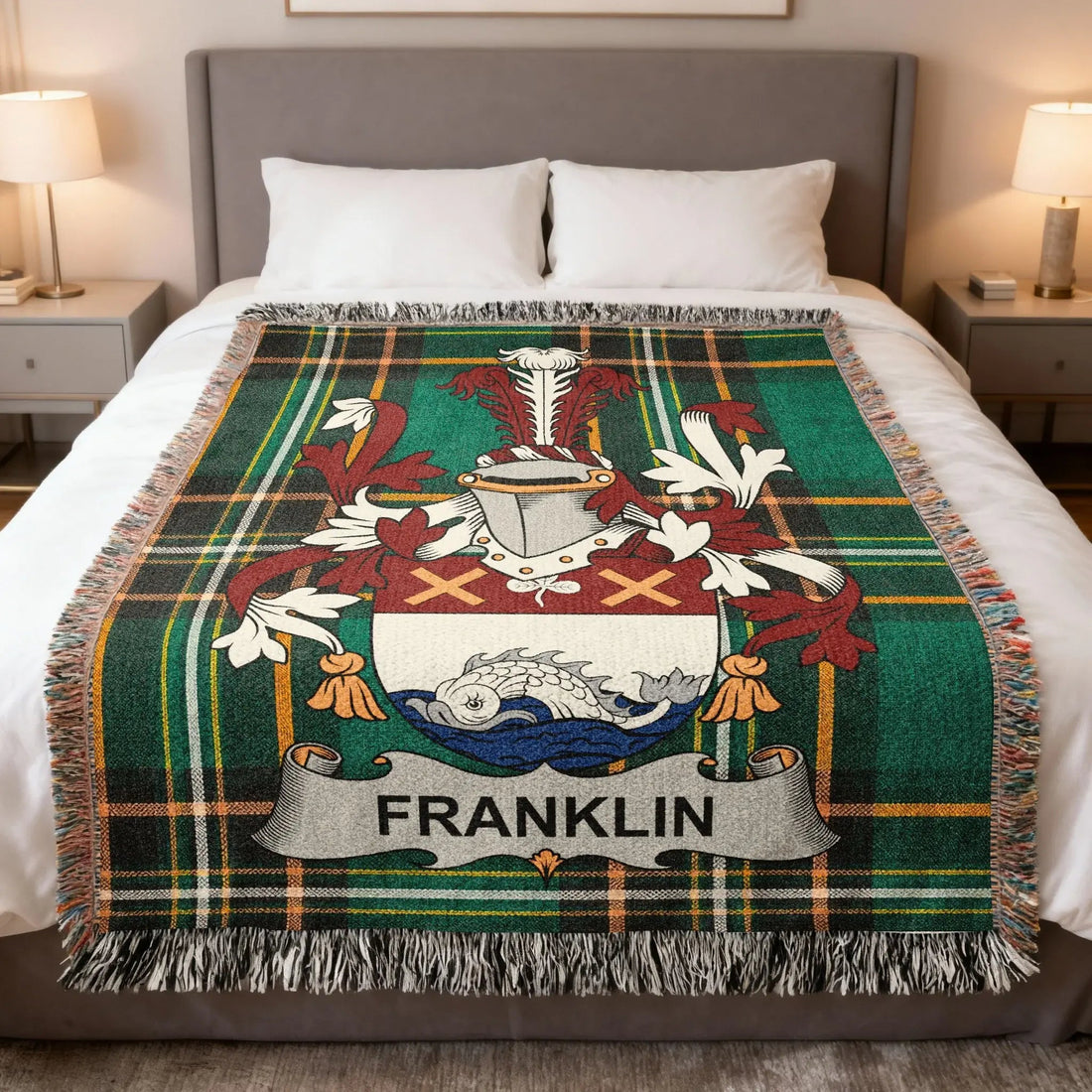 Franklin Irish woven cotton blanket with family crest on Irish National Tartan