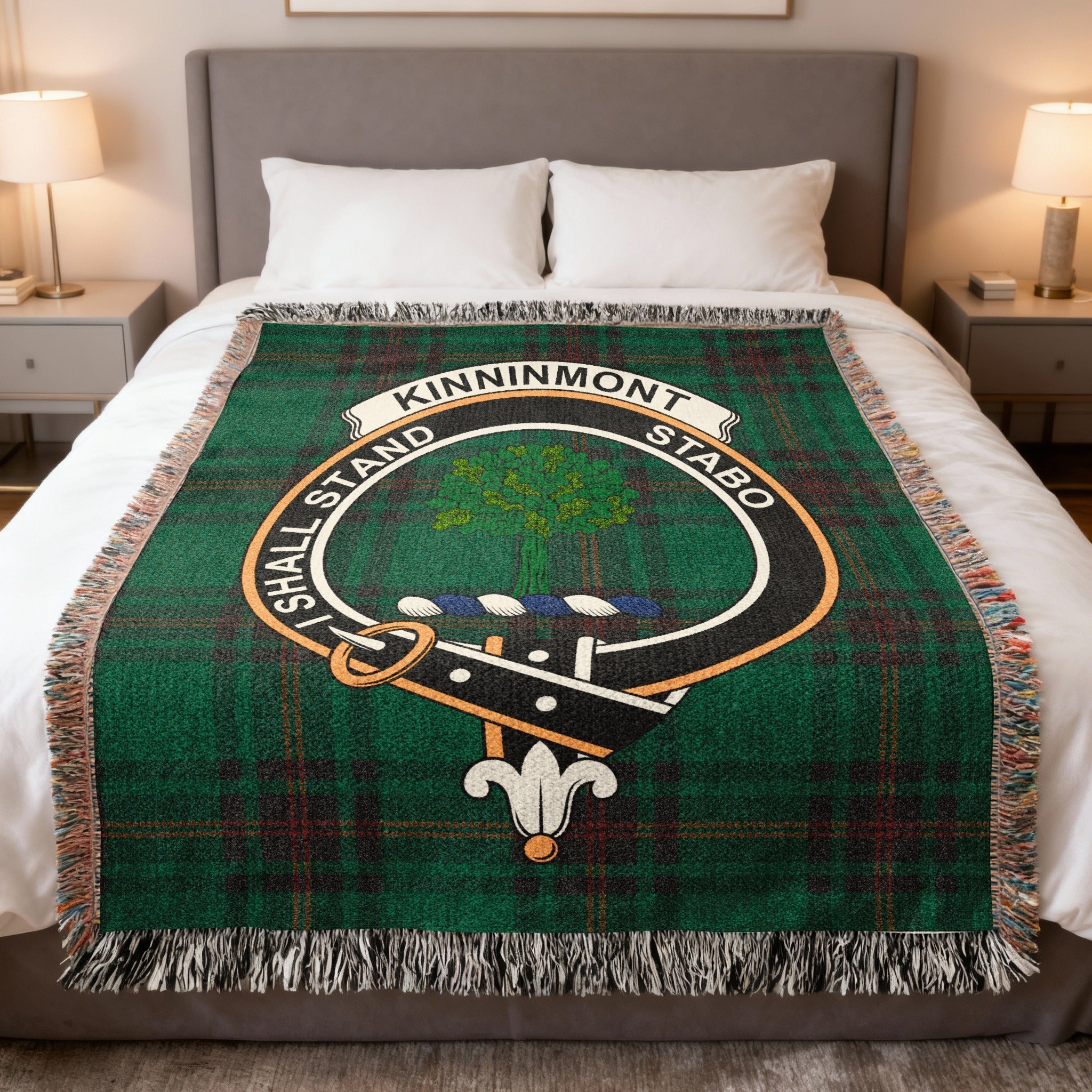 Clan Kinninmont tartan woven blanket — celebrating the history, motto Stand Stabo, and Fife origins of the Kinninmont family of Scotland