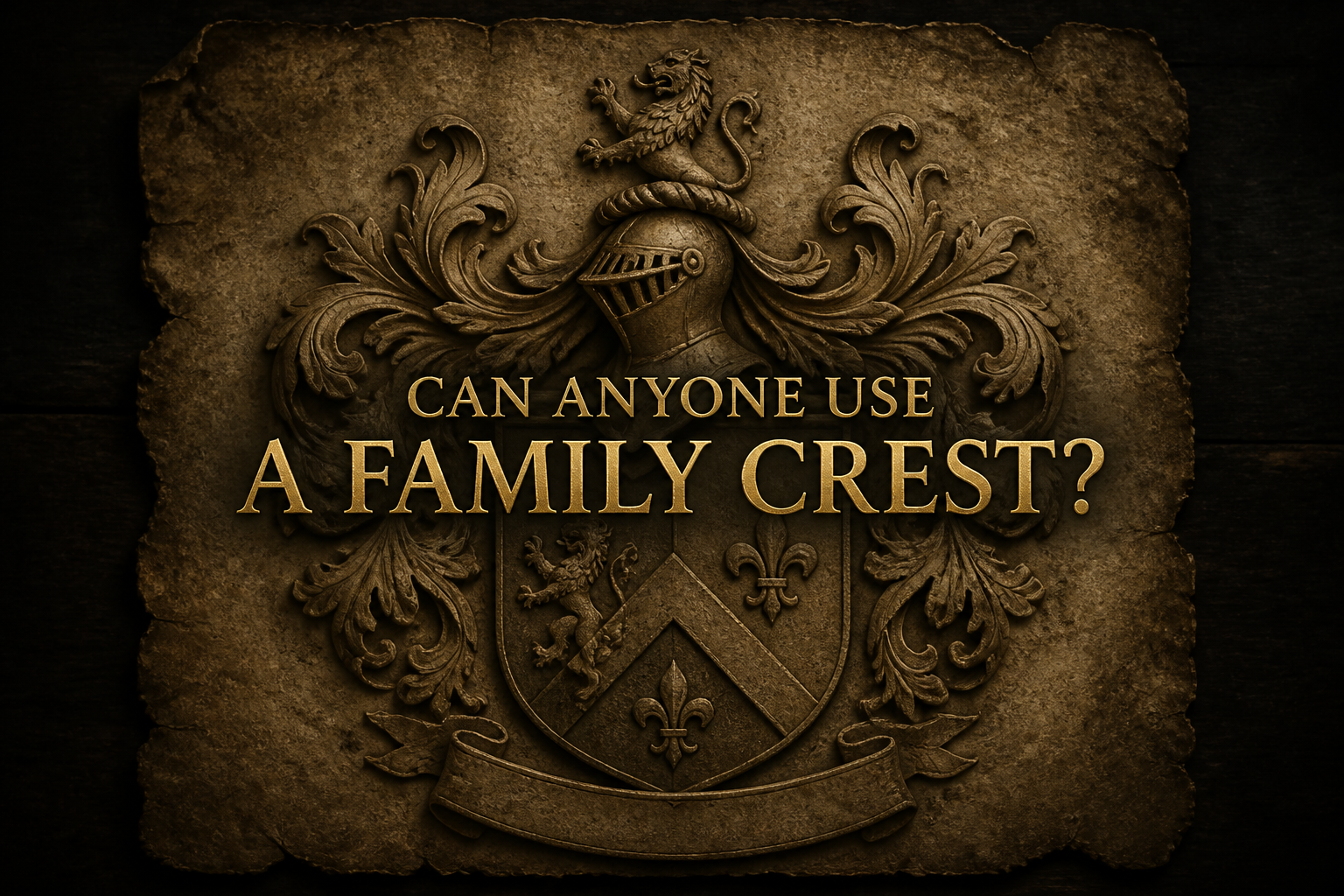 Can anyone use a family crest — a carved stone coat of arms with lion crest, knight's helm and shield on aged parchment