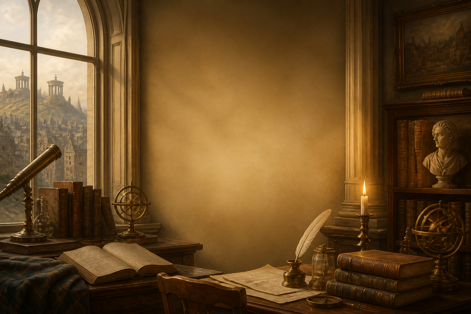 A candlelit study filled with books and manuscripts, representing the Scottish Enlightenment.
