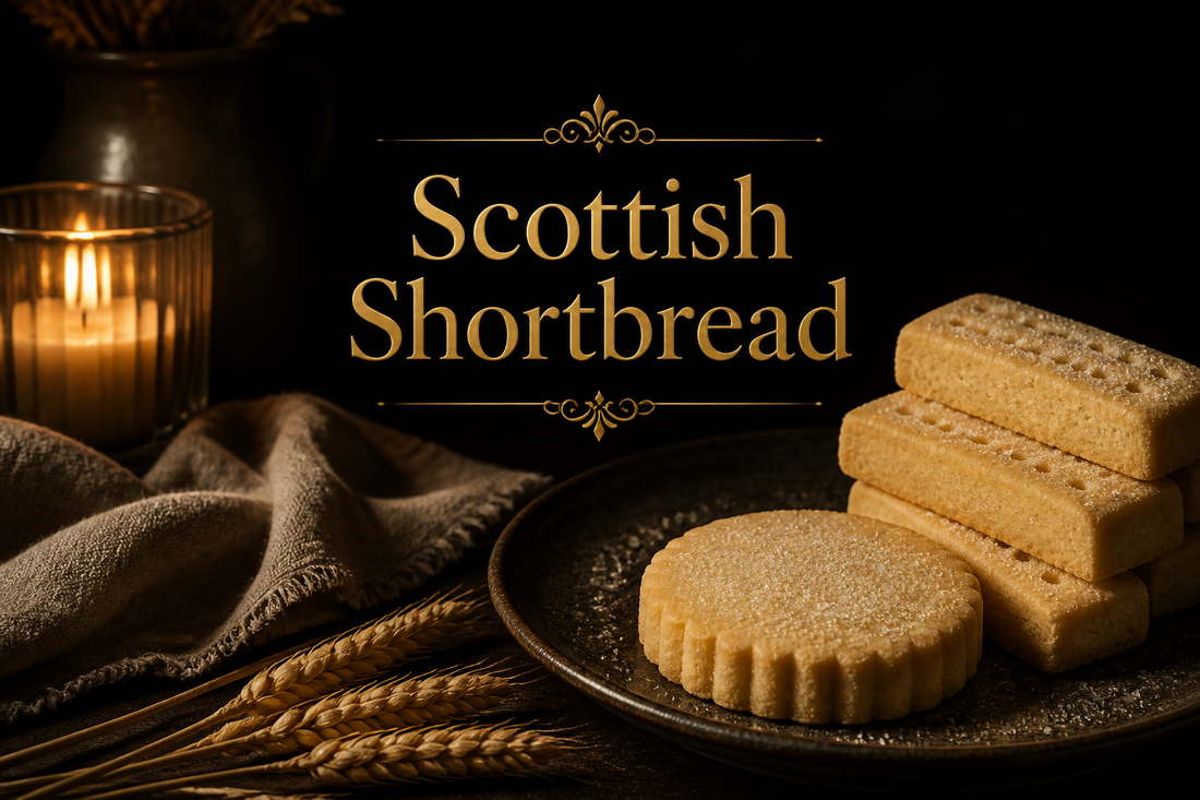 Stacked shortbread fingers and a fluted round on a dark plate with wheat and candlelight, cosy still life of Scottish shortbread