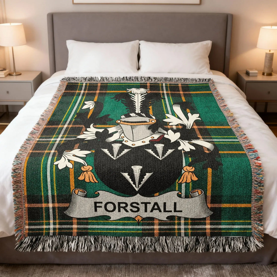 Forstall Irish woven cotton blanket with family crest on Irish National Tartan