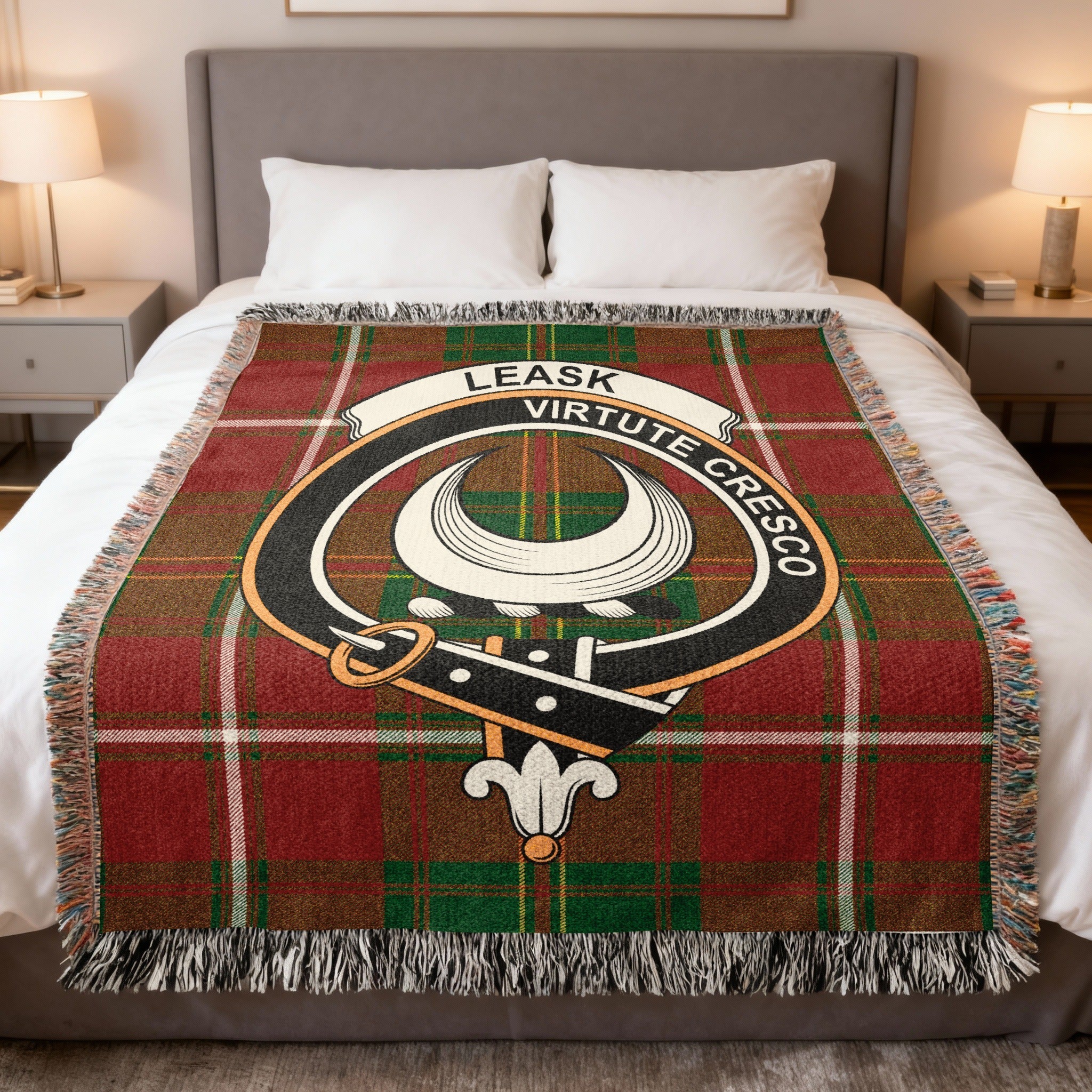 Clan Leask tartan woven blanket — celebrating the history, motto Virtue Cresco, and Aberdeenshire origins of the Leask family of Scotland