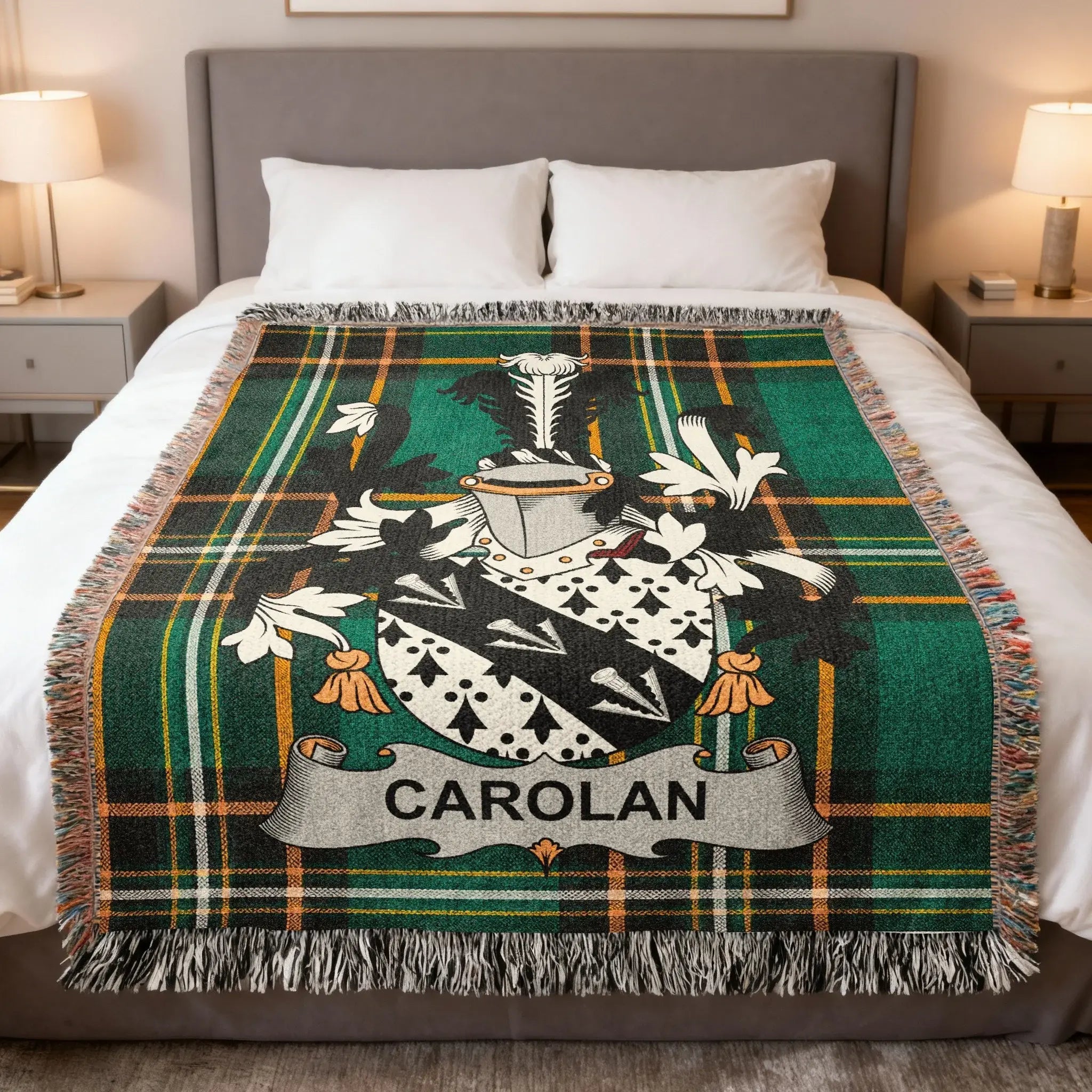 Carolan Irish heritage woven blanket — celebrating the Ó Cearbhalláin origins and the legacy of Turlough O'Carolan, the last great bard of Ireland