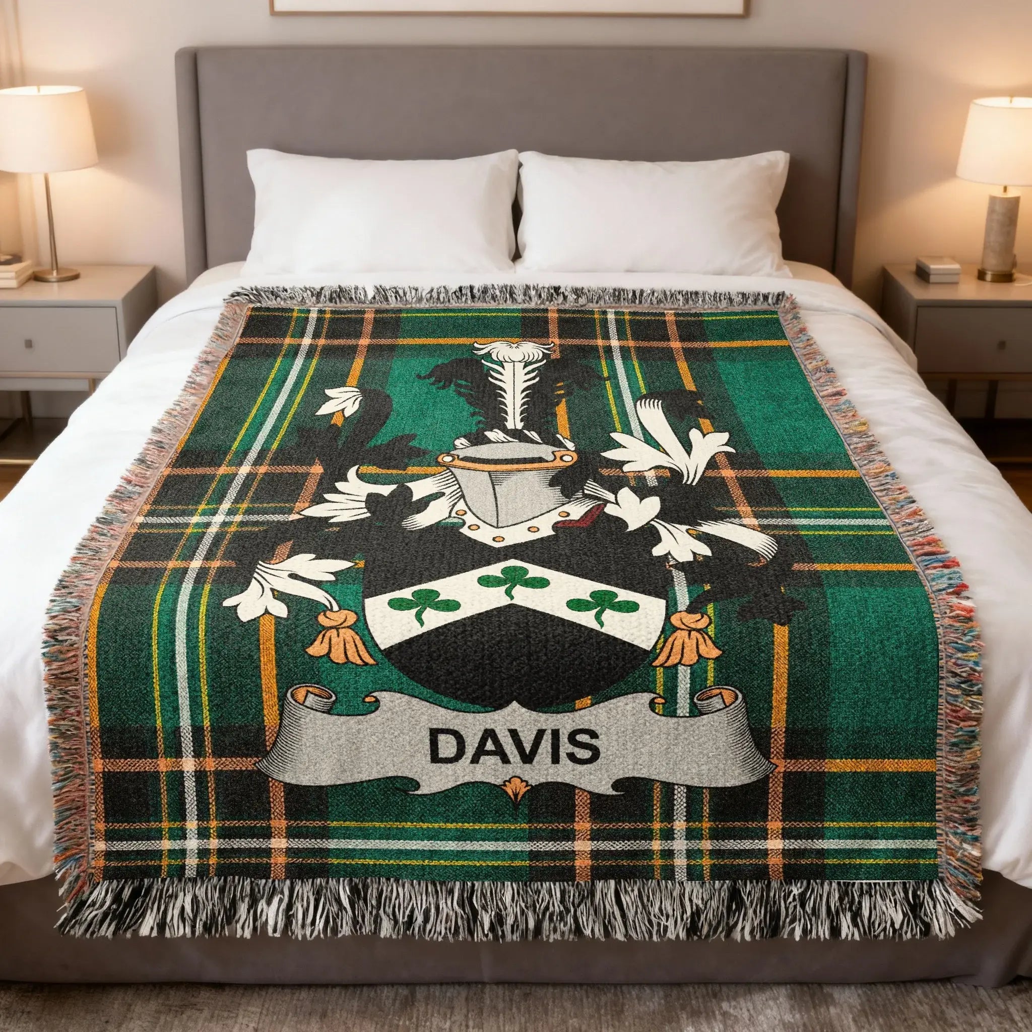 Davis Irish heritage woven blanket with family crest tartan design