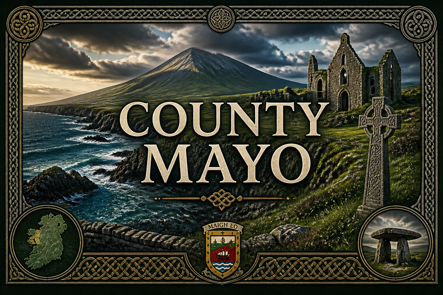 Croagh Patrick mountain above the Atlantic coast with abbey ruins and Celtic cross under dramatic clouds, County Mayo, Ireland — Celtic Ancestry Gifts