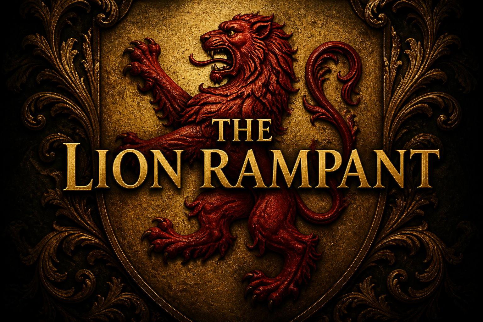 A fierce red heraldic lion rearing rampant on a gold heraldic shield with scrollwork