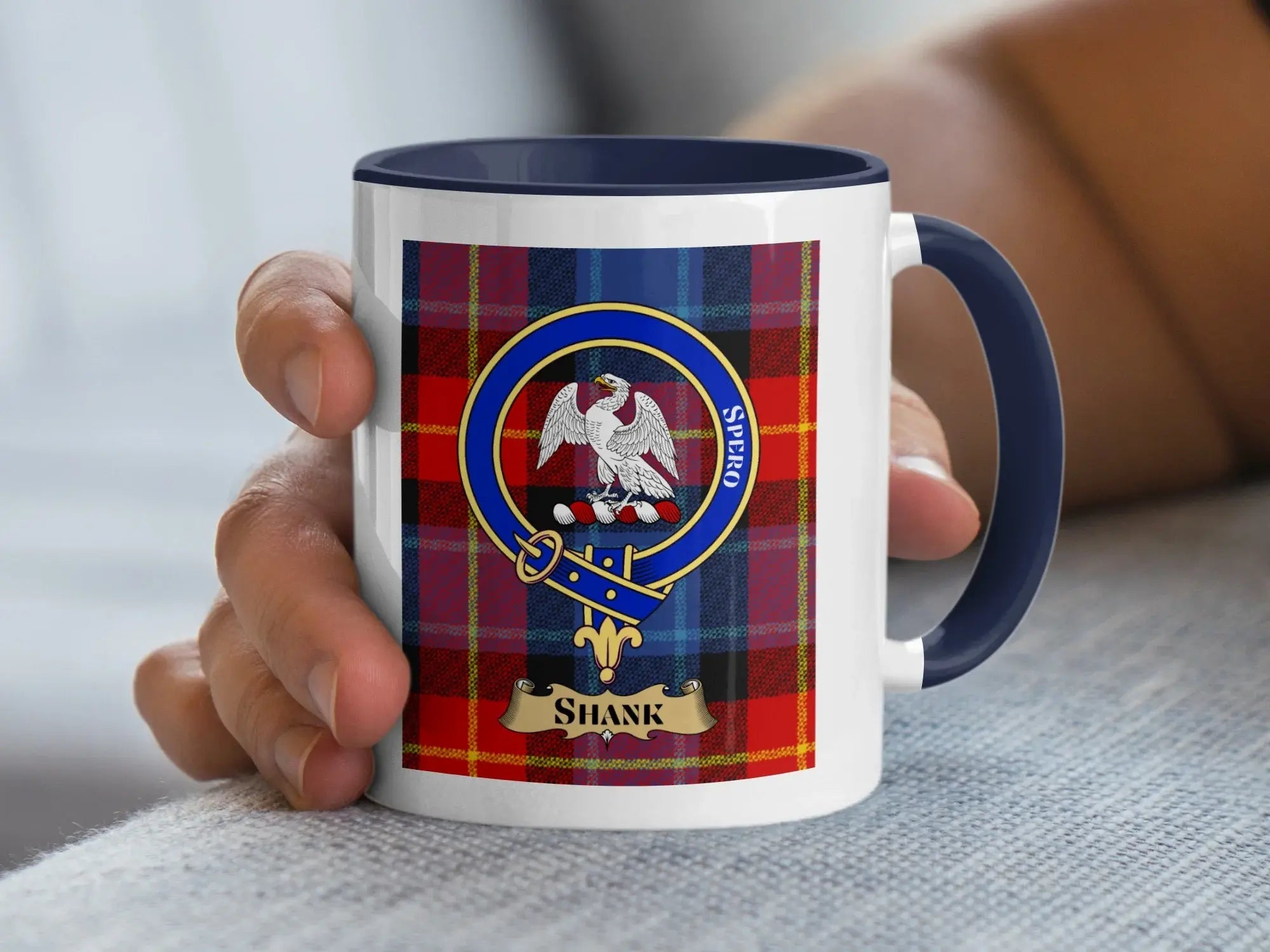 Shank family crest mug on a tartan background, a Scottish heritage keepsake for a rare Midlothian surname