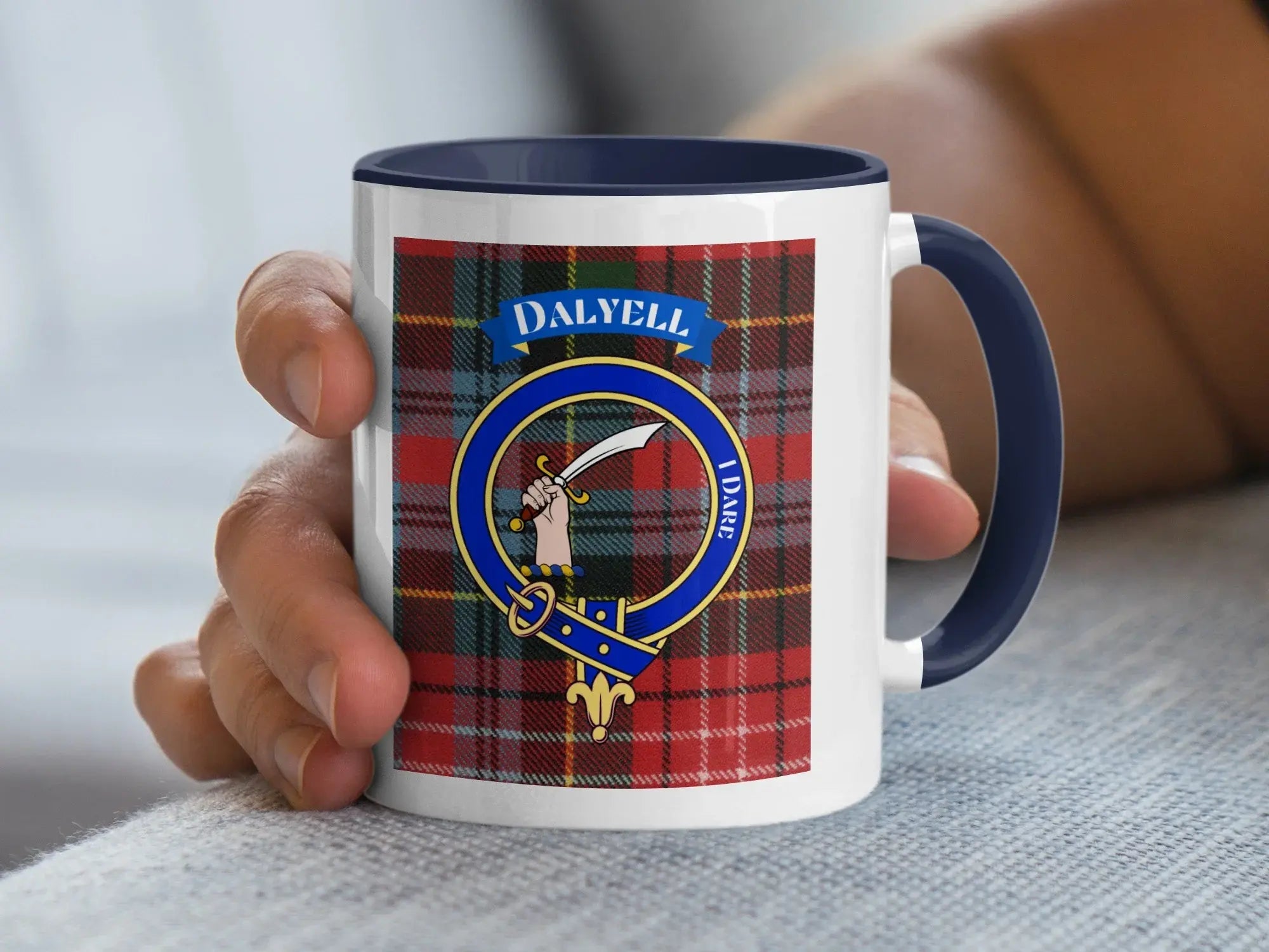 Dalziel clan crest mug with I Dare motto, a Lanarkshire Scottish heritage gift