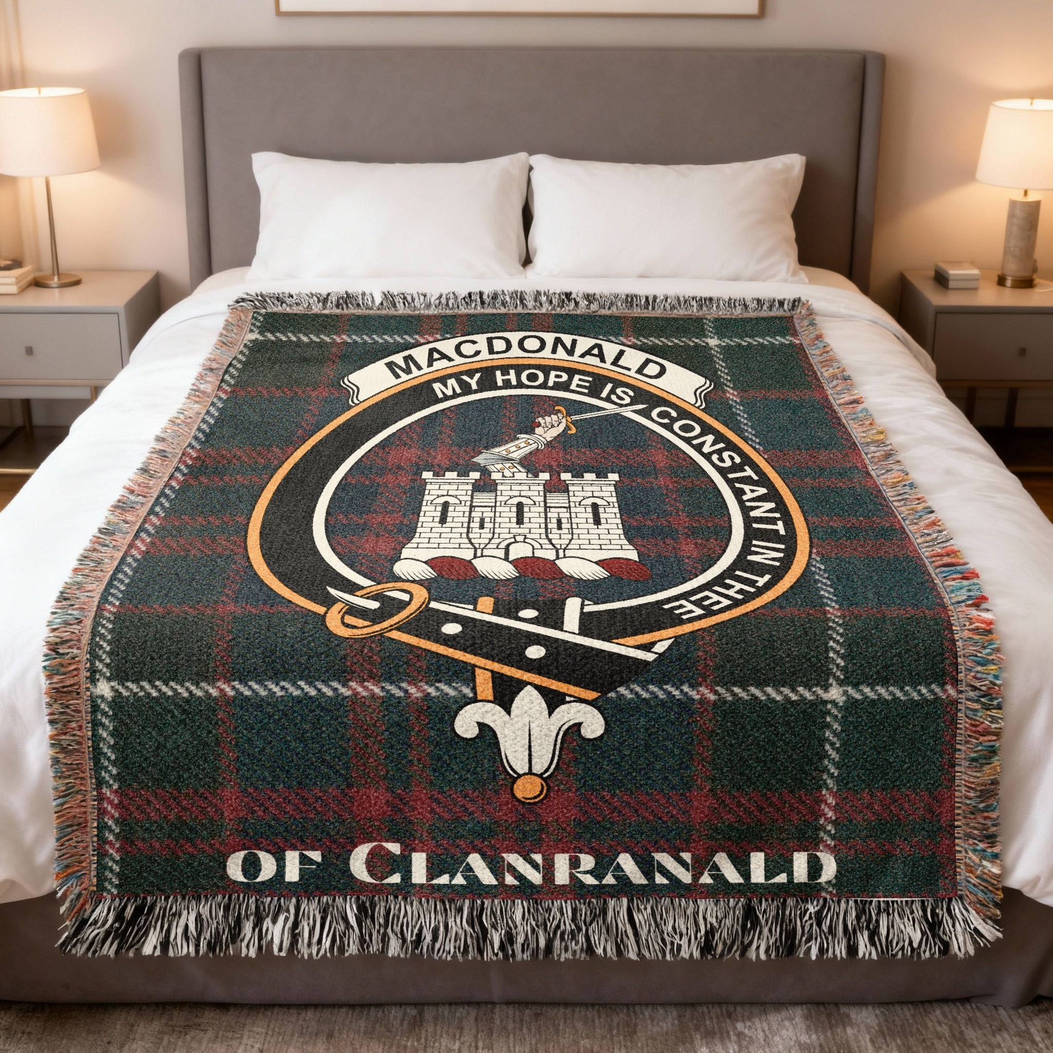 MacDonald clan tartan woven blanket — a gift celebrating the history, motto, and Highland heritage of Clan Donald, the great kindred of the Lords of the Isles
