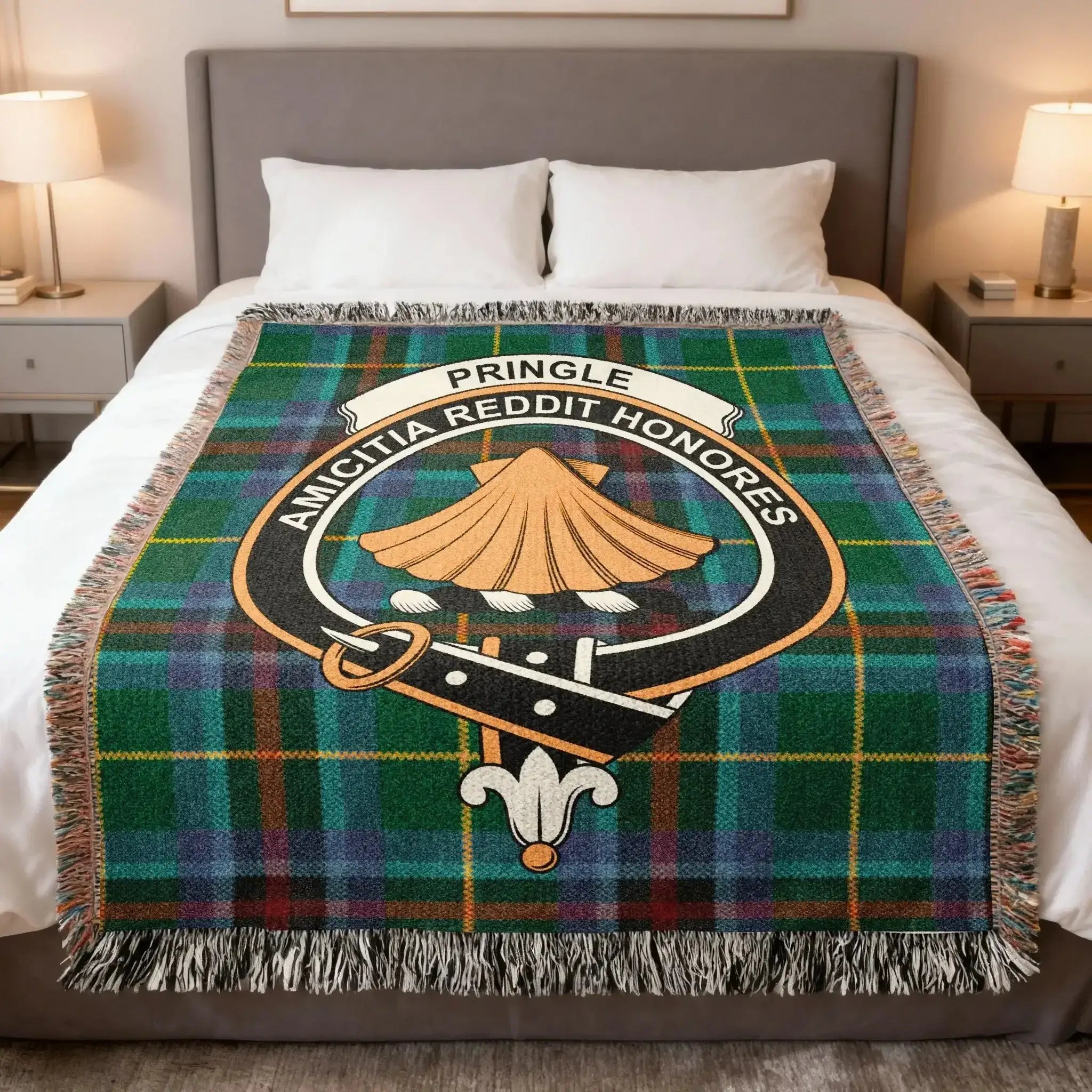 clan Pringle tartan and crest with motto