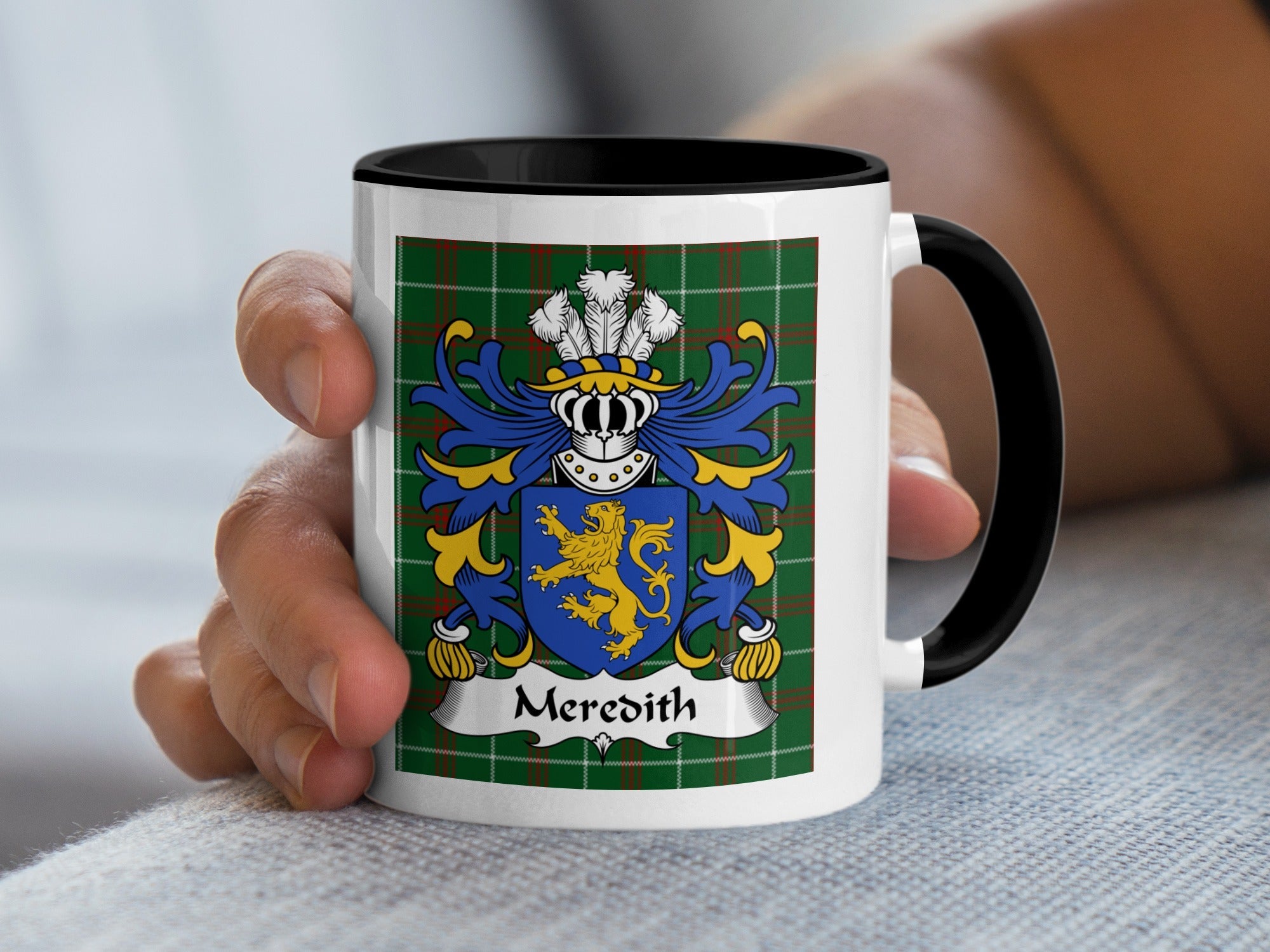 Meredith Welsh Coat of Arms Accent Mug with black handle and family crest on Welsh National Tartan – family heritage gift
