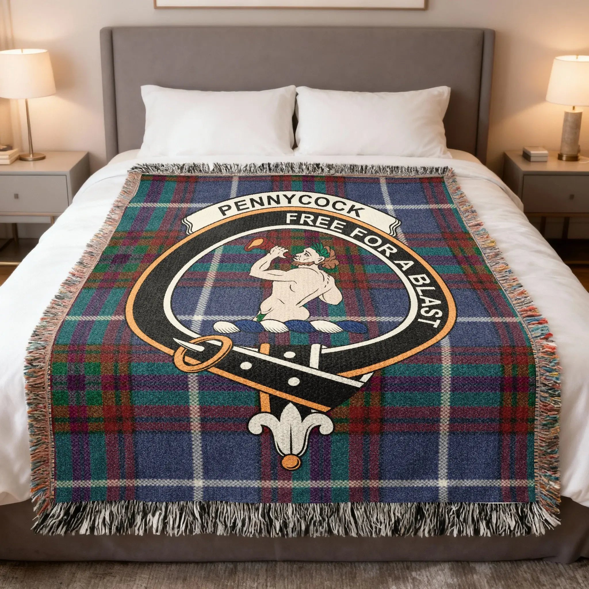 Pennycook clan Scottish tartan woven blanket — celebrating the history, motto Free for a Blast, and Midlothian origins of the Pennycook family