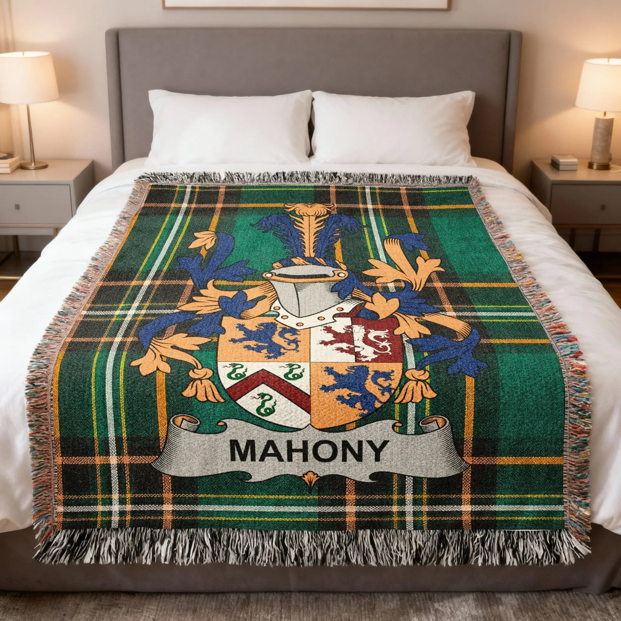 Mahony Irish heritage surname woven blanket — celebrating the history, origins, and Ó Mathghamhna heritage of the lords of west Cork and the two great O'Mahony dynasties of Carbery and Mizen