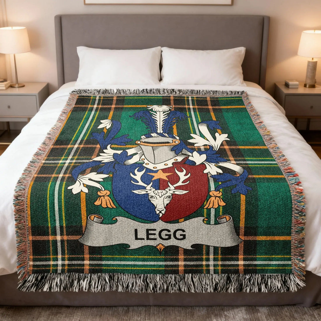 Legg family name woven blanket with Irish national tartan pattern