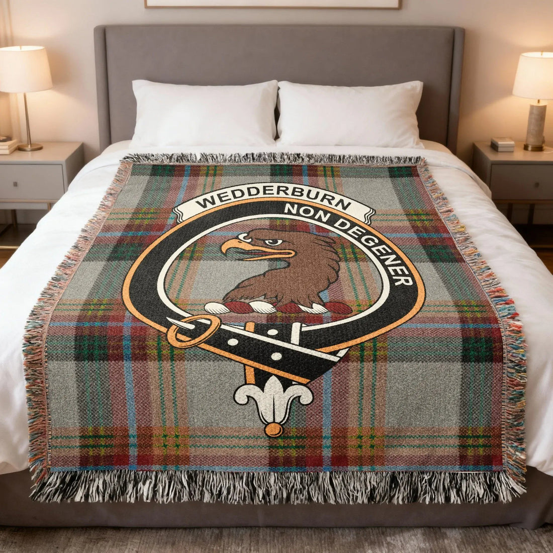 Wedderburn family crest woven blanket on a tartan background, a heritage keepsake for a Berwickshire and Dundee surname
