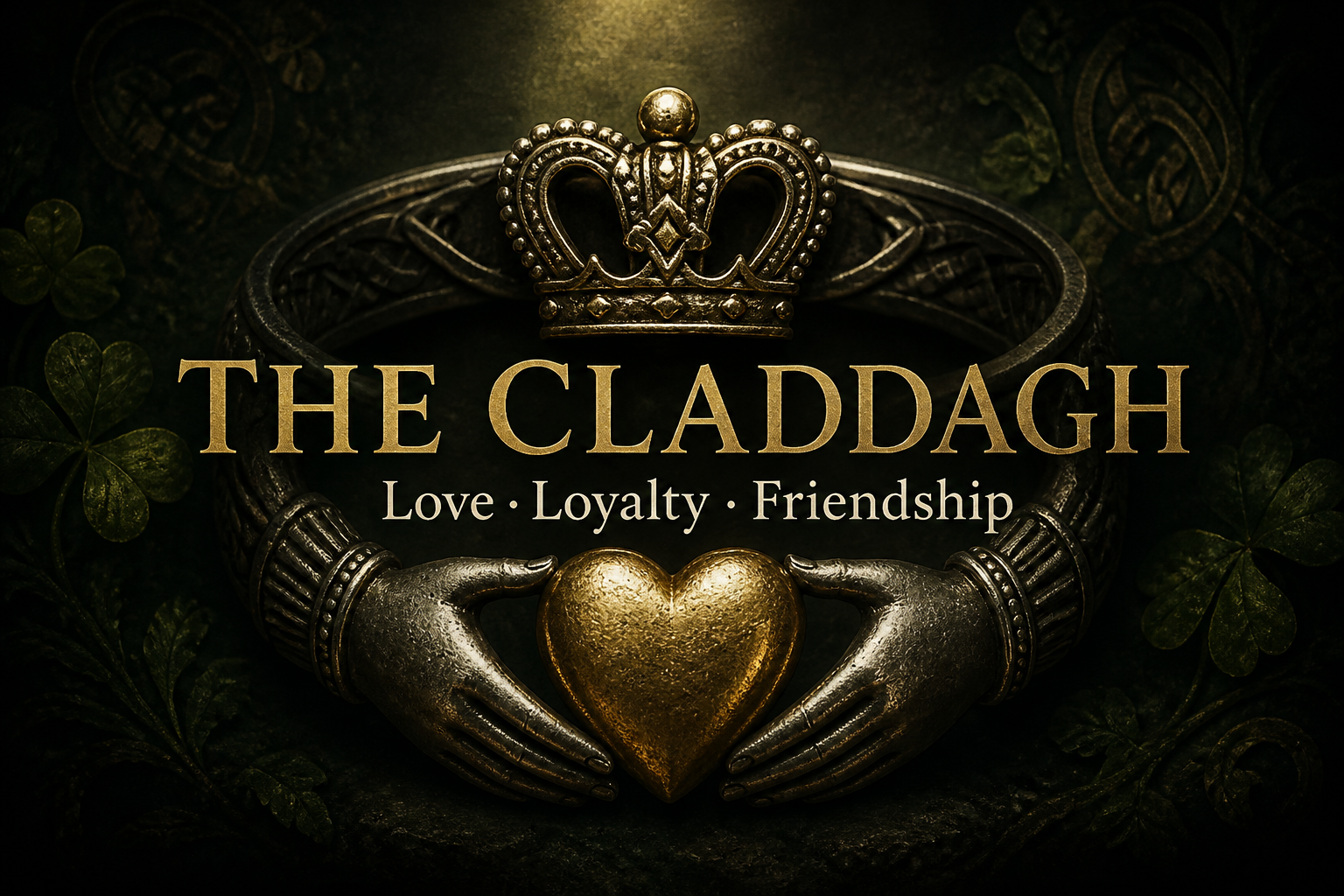The Claddagh design of two hands cradling a gold crowned heart, on a dark green background with shamrocks