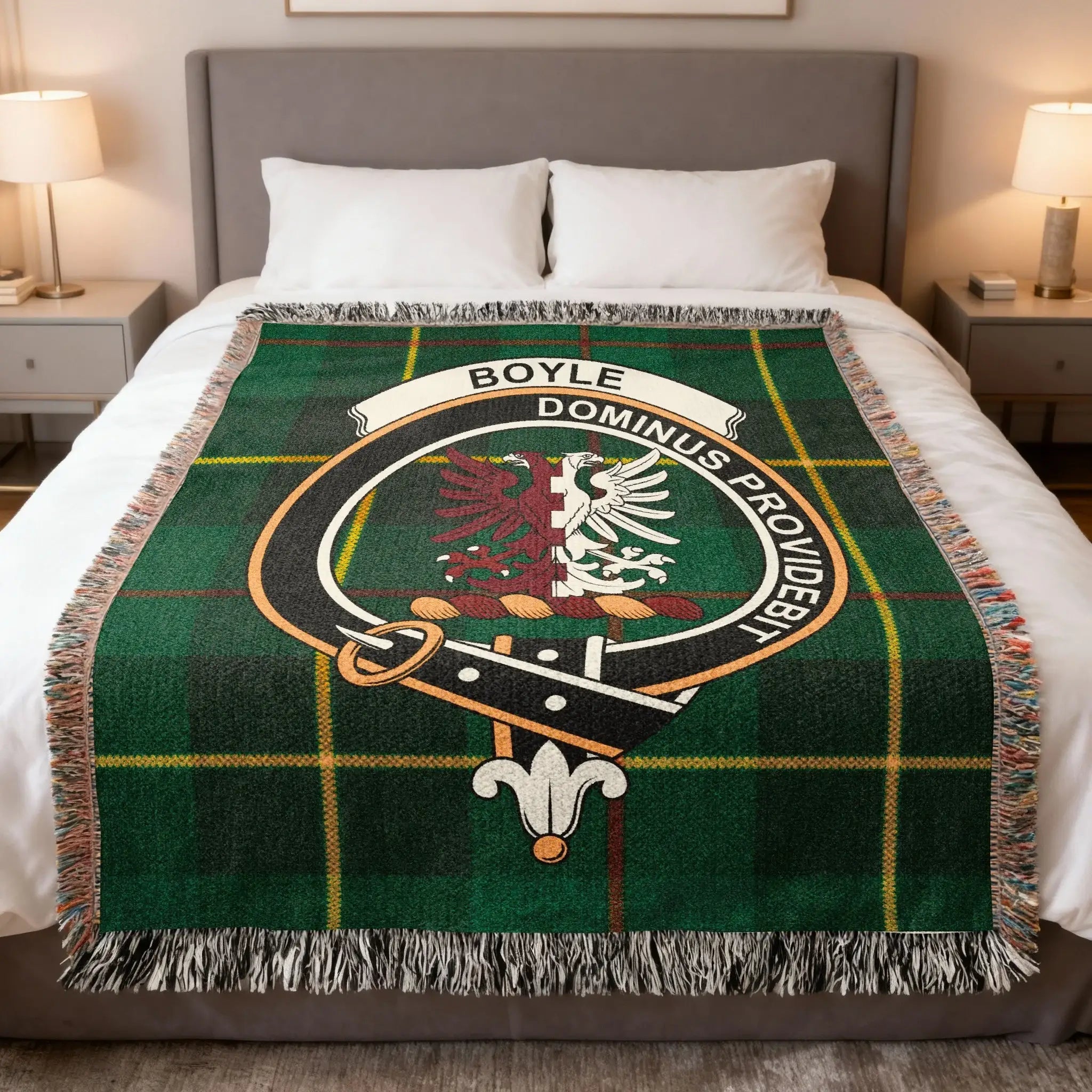 Boyle clan Scottish tartan woven blanket representing Kelburn Castle heritage and the motto Dominus Providebit