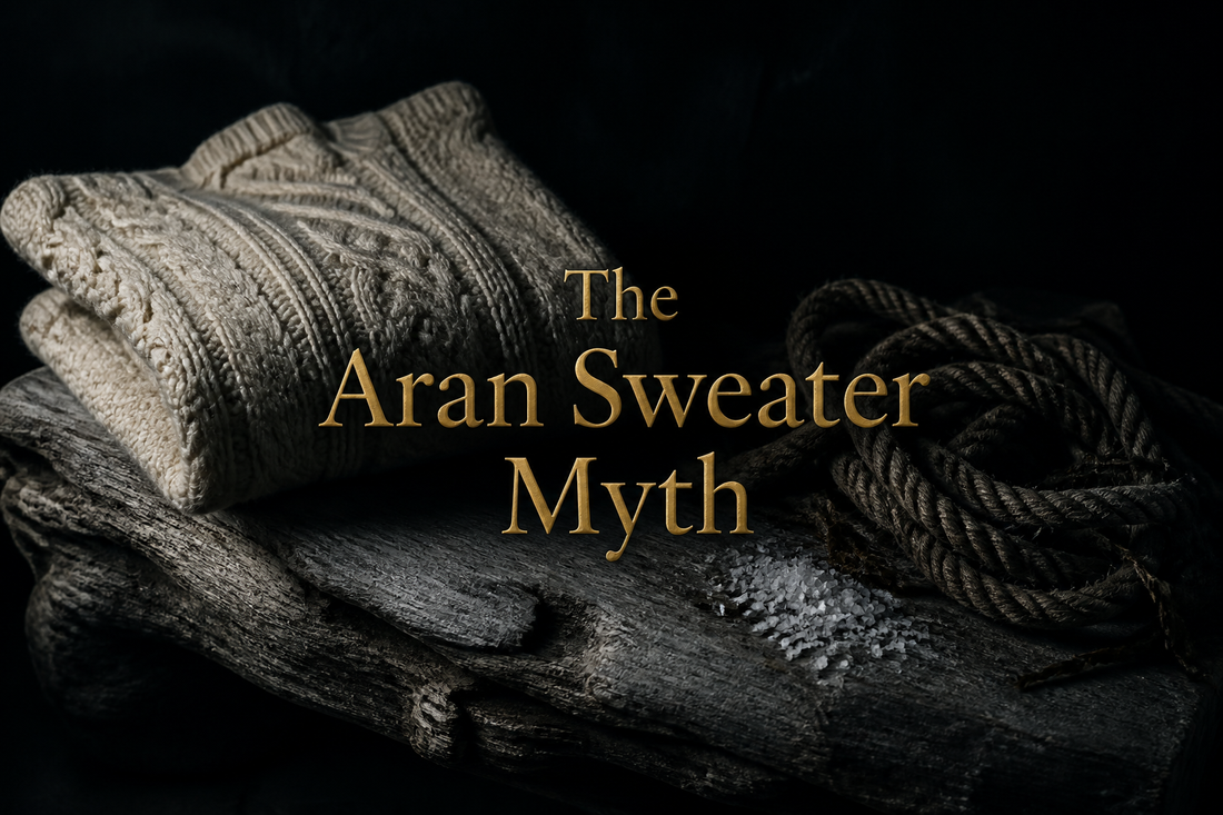 Cream cabled Aran sweater folded on driftwood with rope and sea salt, dark moody still life on the Aran sweater myth