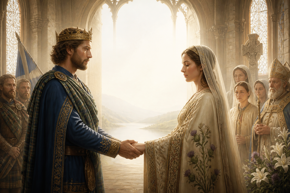 King Malcolm III and Saint Margaret in a chapel, symbolising their royal marriage around 1070.