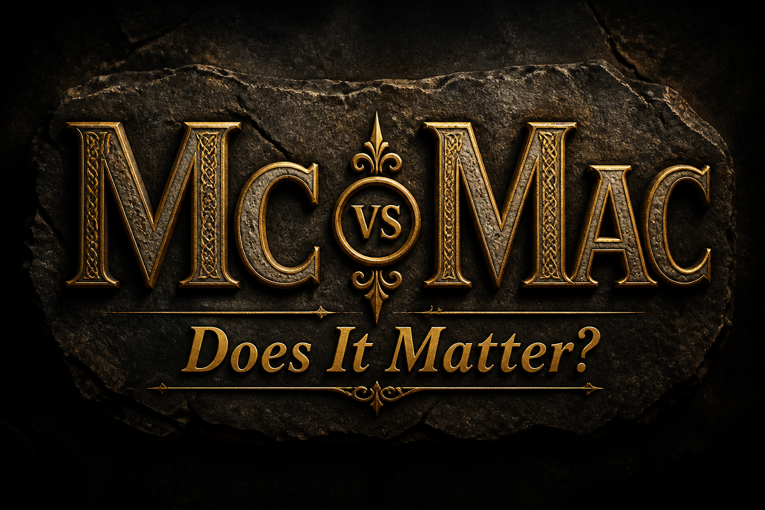 The prefixes Mc and Mac carved in gold on dark stone with Celtic knot detail, asking whether the spelling matters