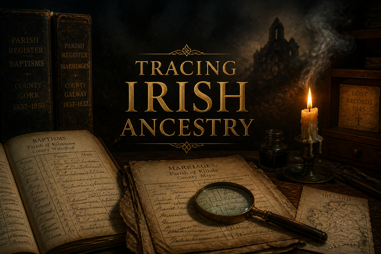 Candlelit Irish parish registers and a magnifying glass beside a ruined church, evoking tracing ancestry after burned records