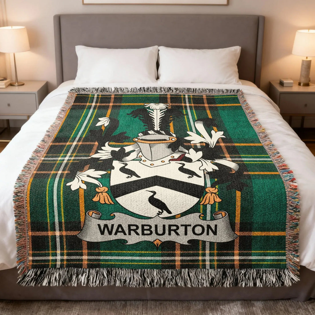 Warburton family crest woven blanket in Irish national tartan