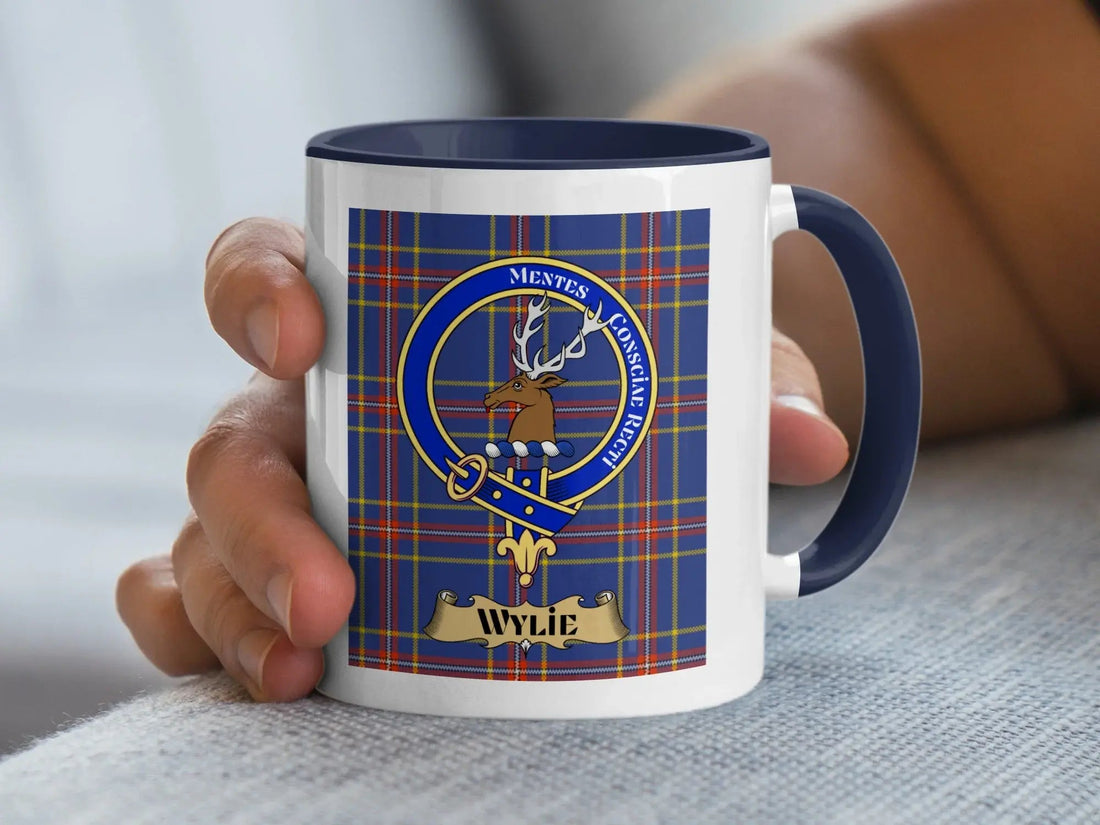 Wylie family crest mug on a woven tartan background, a heritage gift for a west of Scotland surname formed from the name William
