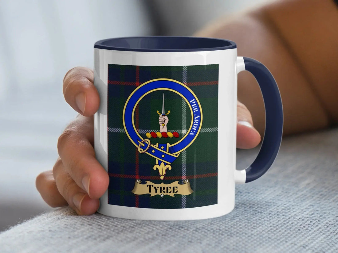 Tyree family crest mug with the crest over a tartan background, a heritage gift for a Scottish habitational surname now common in America
