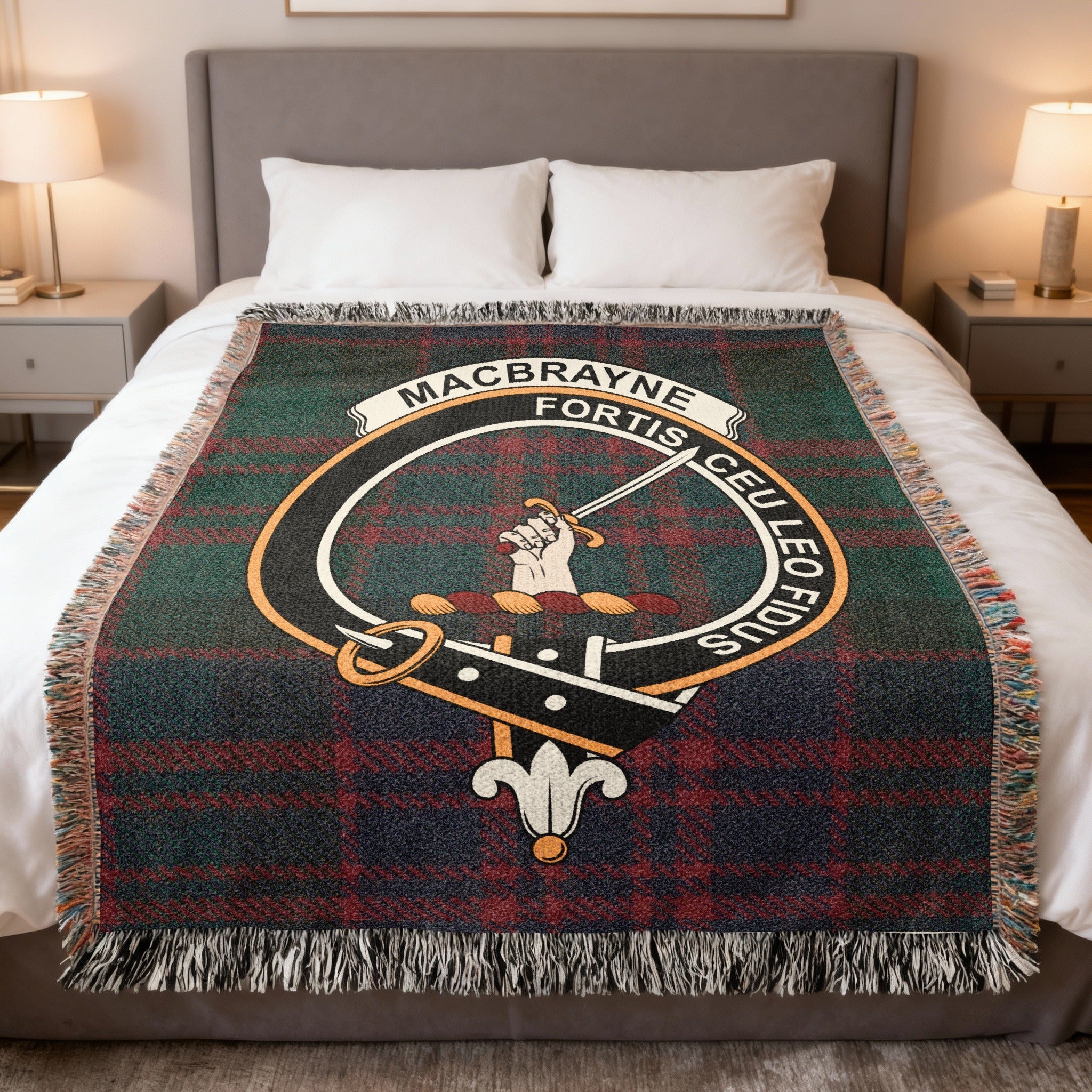 Clan MacBrayne tartan woven blanket — celebrating the history and Argyll origins of the MacBrayne family of Loch Fyne and the western Highlands