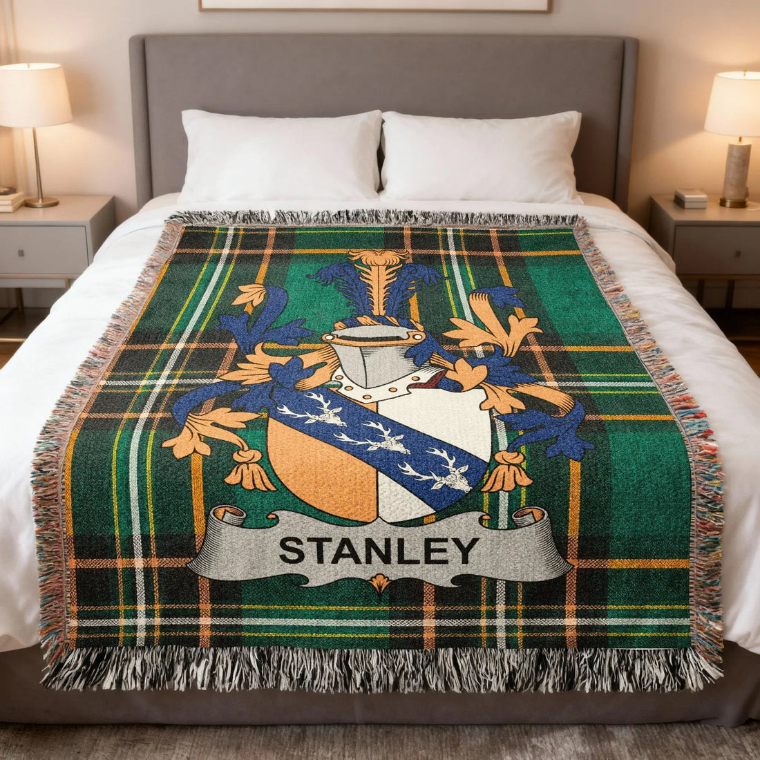 Stanley Irish family crest woven blanket in the Irish national tartan