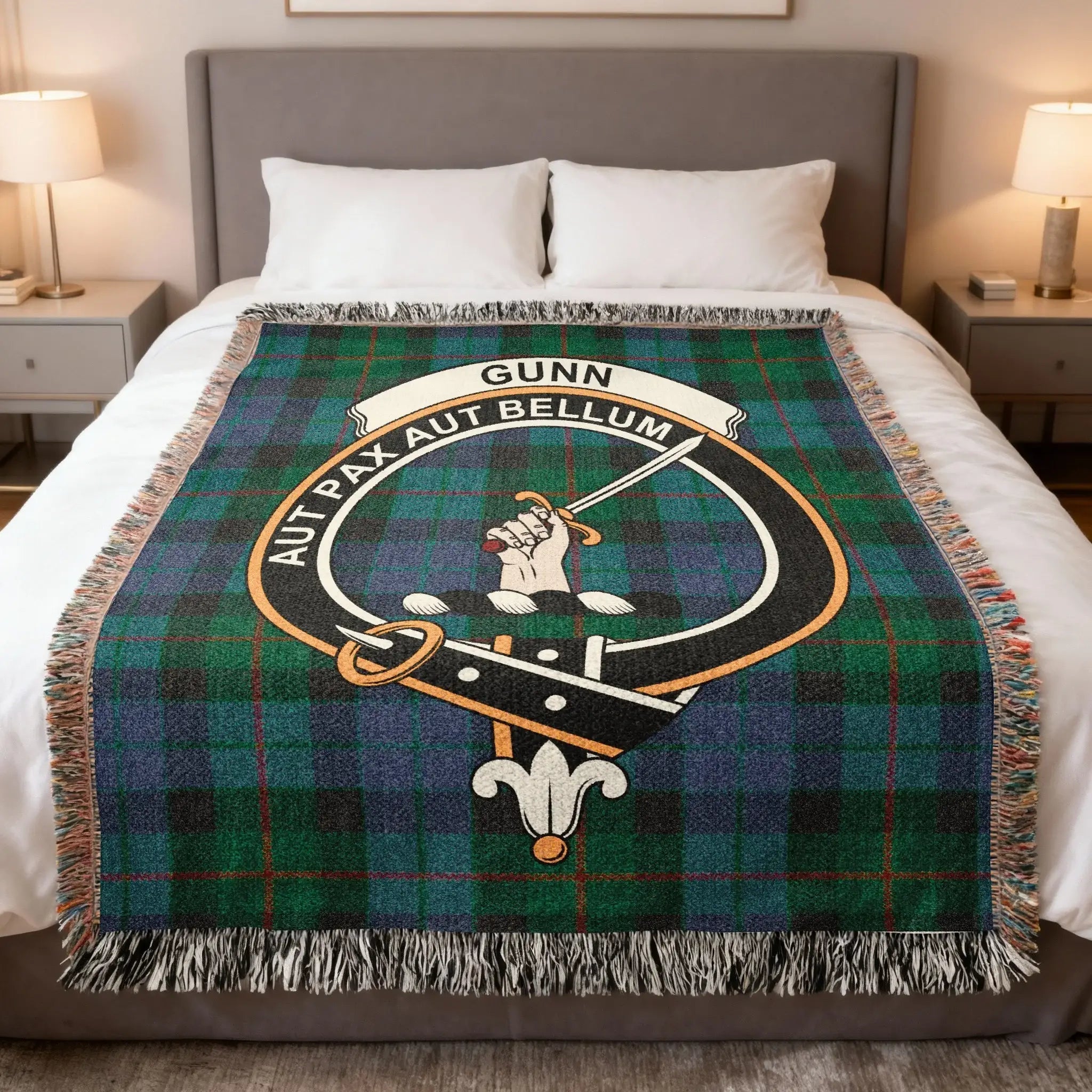 Gunn clan Scottish tartan woven blanket representing Caithness heritage and the motto Aut Pax Aut Bellum