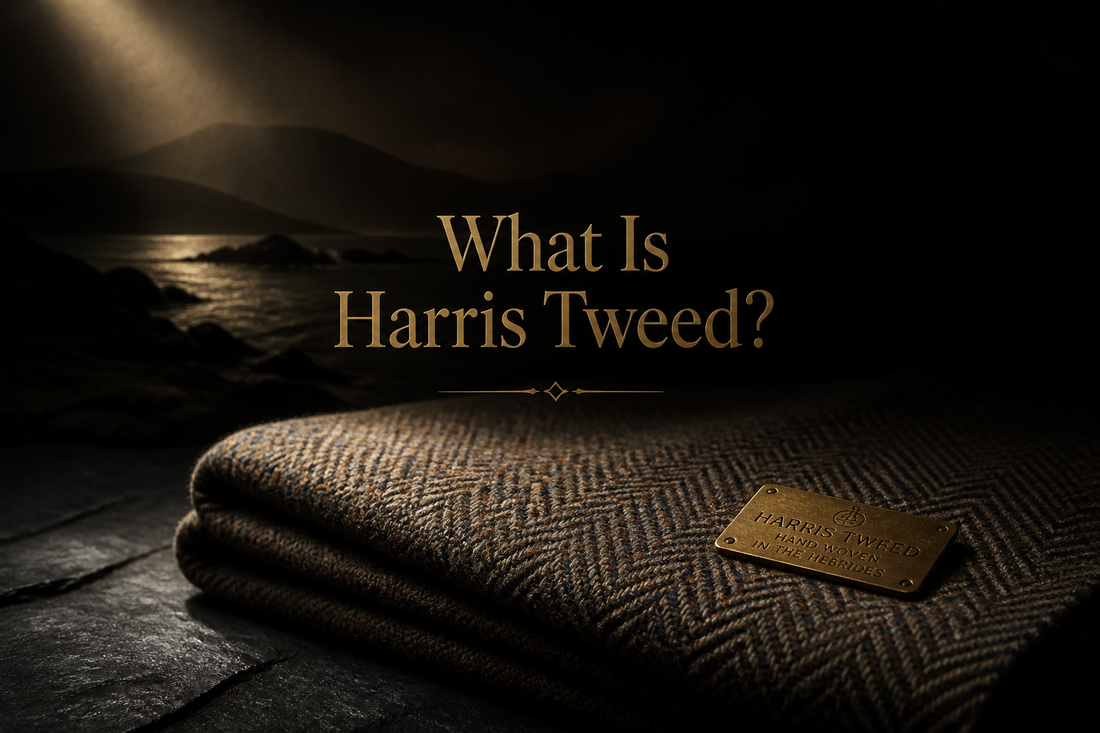 Folded herringbone Harris Tweed with brass label on dark slate, moody Hebridean shore behind, showing the Orb-marked cloth
